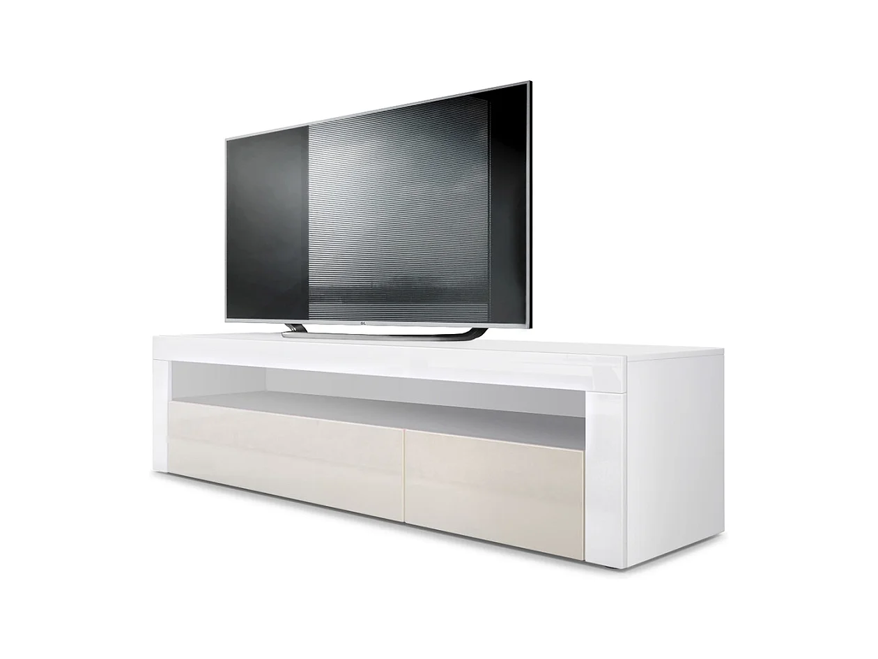 Buffet bas Valencia, Meuble TV avec 1 compartiment ouvert et 2 clapets, Blanc mat/crème haute brillance/blanc haute brillance (155 x 46 x 40 cm)