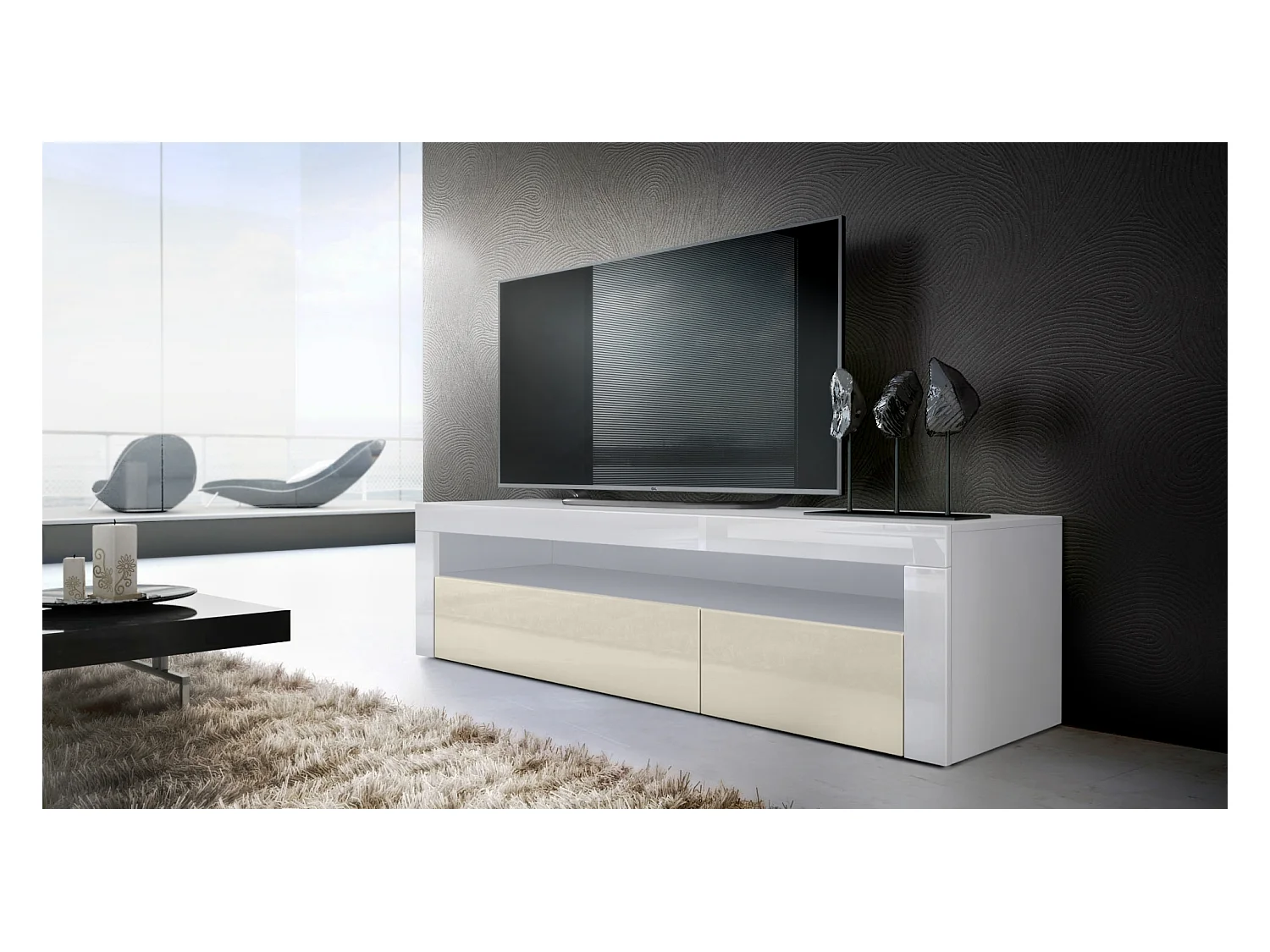Buffet bas Valencia, Meuble TV avec 1 compartiment ouvert et 2 clapets, Blanc mat/crème haute brillance/blanc haute brillance (155 x 46 x 40 cm)