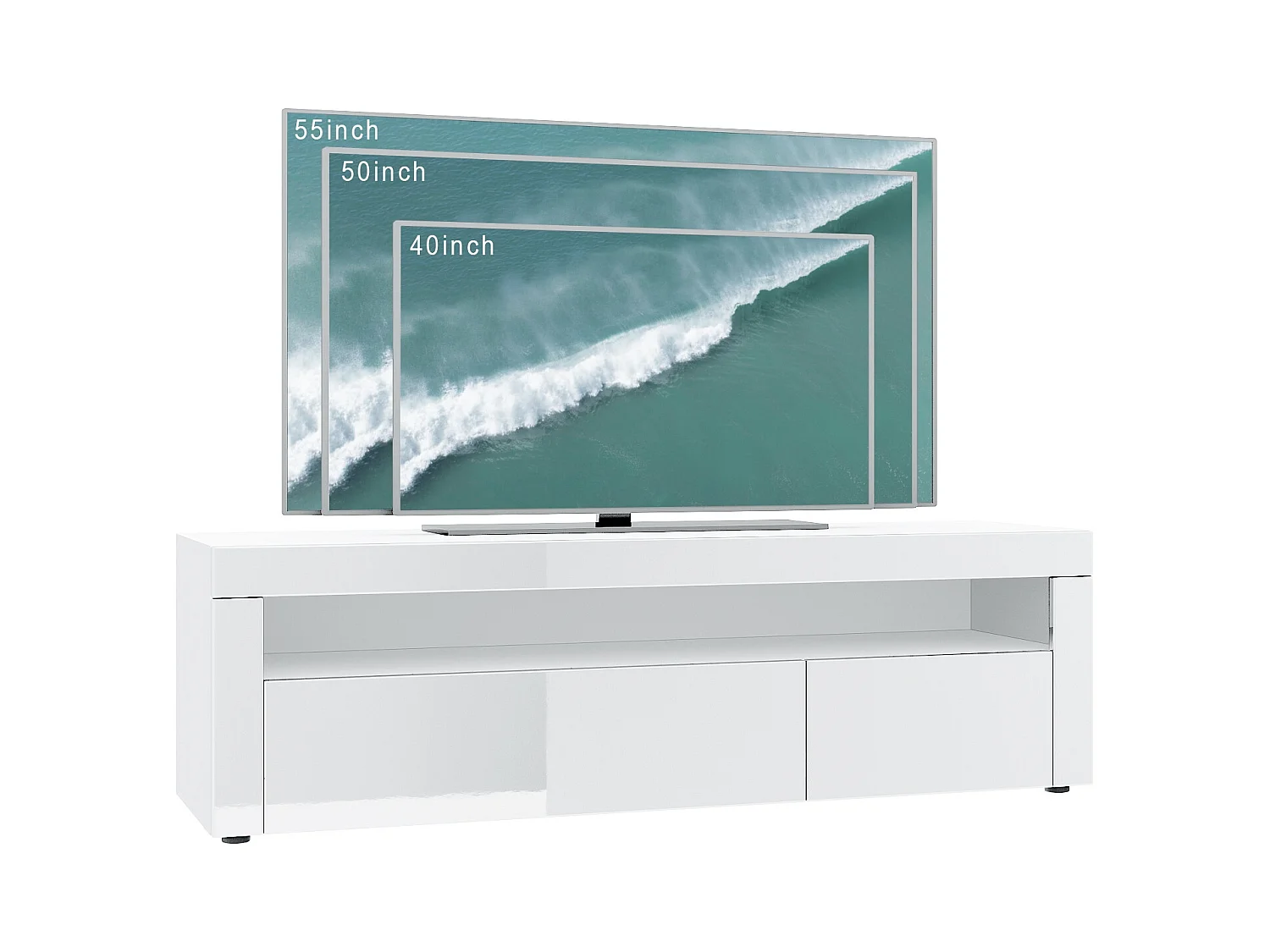 Buffet bas Valencia, Meuble TV avec 1 compartiment ouvert et 2 clapets, Blanc mat/crème haute brillance/blanc haute brillance (155 x 46 x 40 cm)