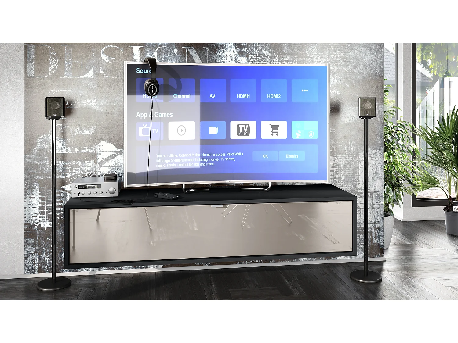 Meuble TV Lana 140 armoire murale lowboard 140 x 29 x 37 cm, caisson en Noir mat, façades en gris sable haute brillance | Grand choix de couleurs