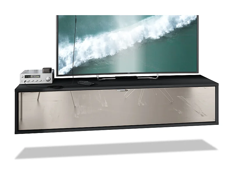 Meuble TV Lana 140 armoire murale lowboard 140 x 29 x 37 cm, caisson en Noir mat, façades en gris sable haute brillance | Grand choix de couleurs