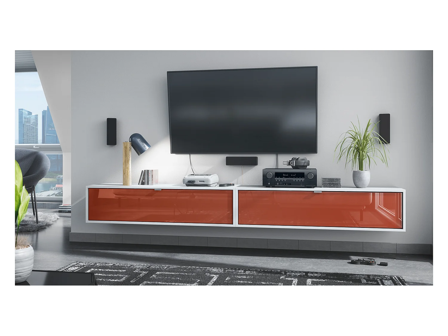 Ensemble de 2 set meuble TV Lana 120, lowboards de 120 x 29 x 37 cm chacun avec beaucoup d'espace de rangement, caisson en Blanc mat, façades en Bordeaux brillant