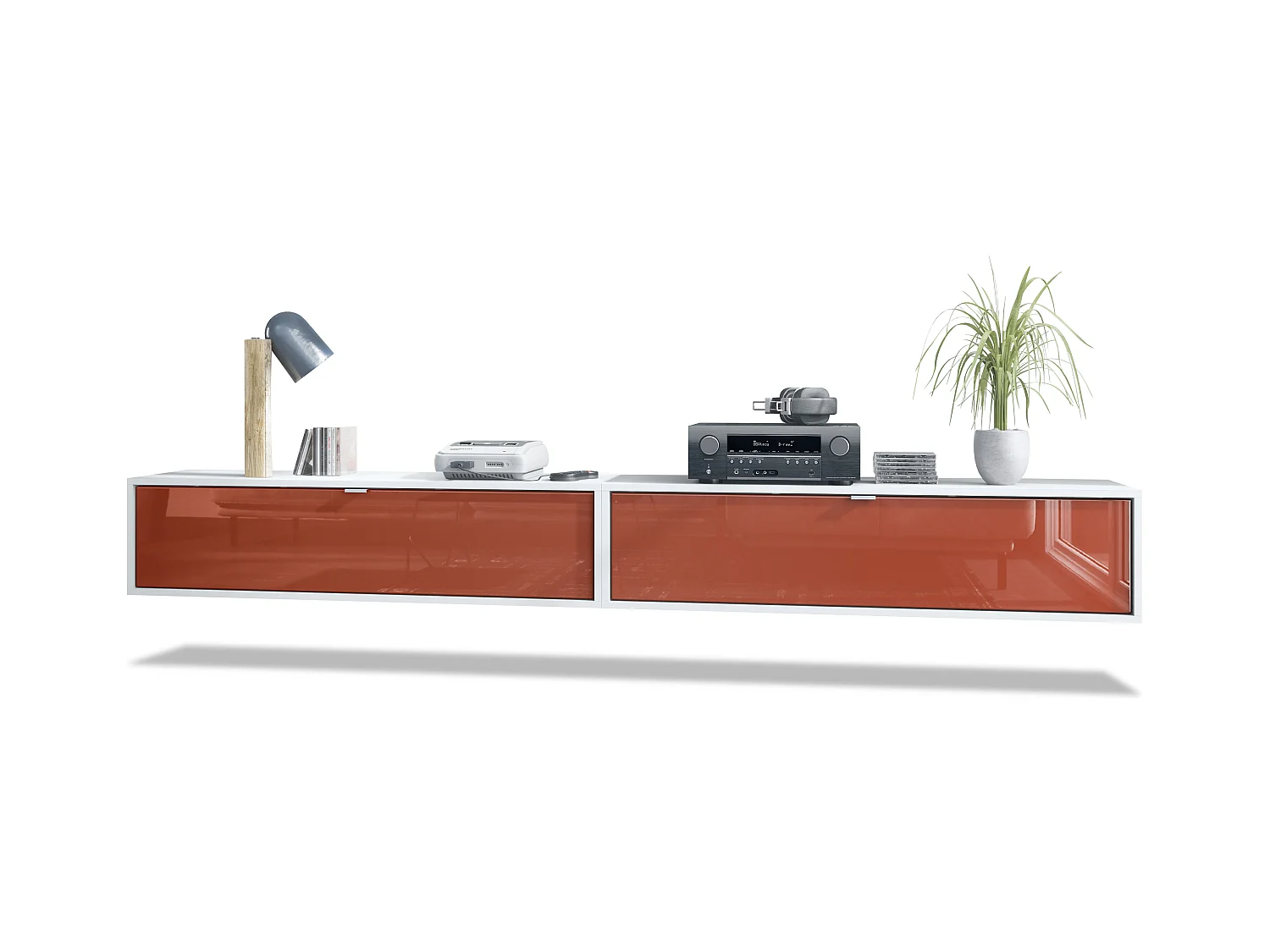 Ensemble de 2 set meuble TV Lana 120, lowboards de 120 x 29 x 37 cm chacun avec beaucoup d'espace de rangement, caisson en Blanc mat, façades en Bordeaux brillant