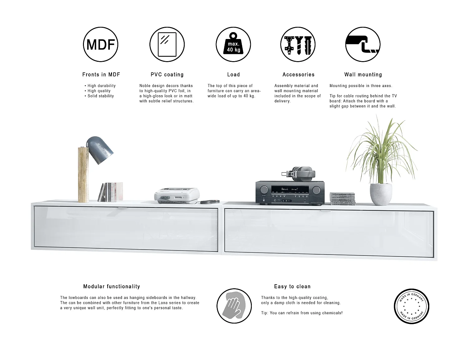 Ensemble de 2 set meuble TV Lana 120, lowboards de 120 x 29 x 37 cm chacun avec beaucoup d'espace de rangement, caisson en Blanc mat, façades en Bordeaux brillant