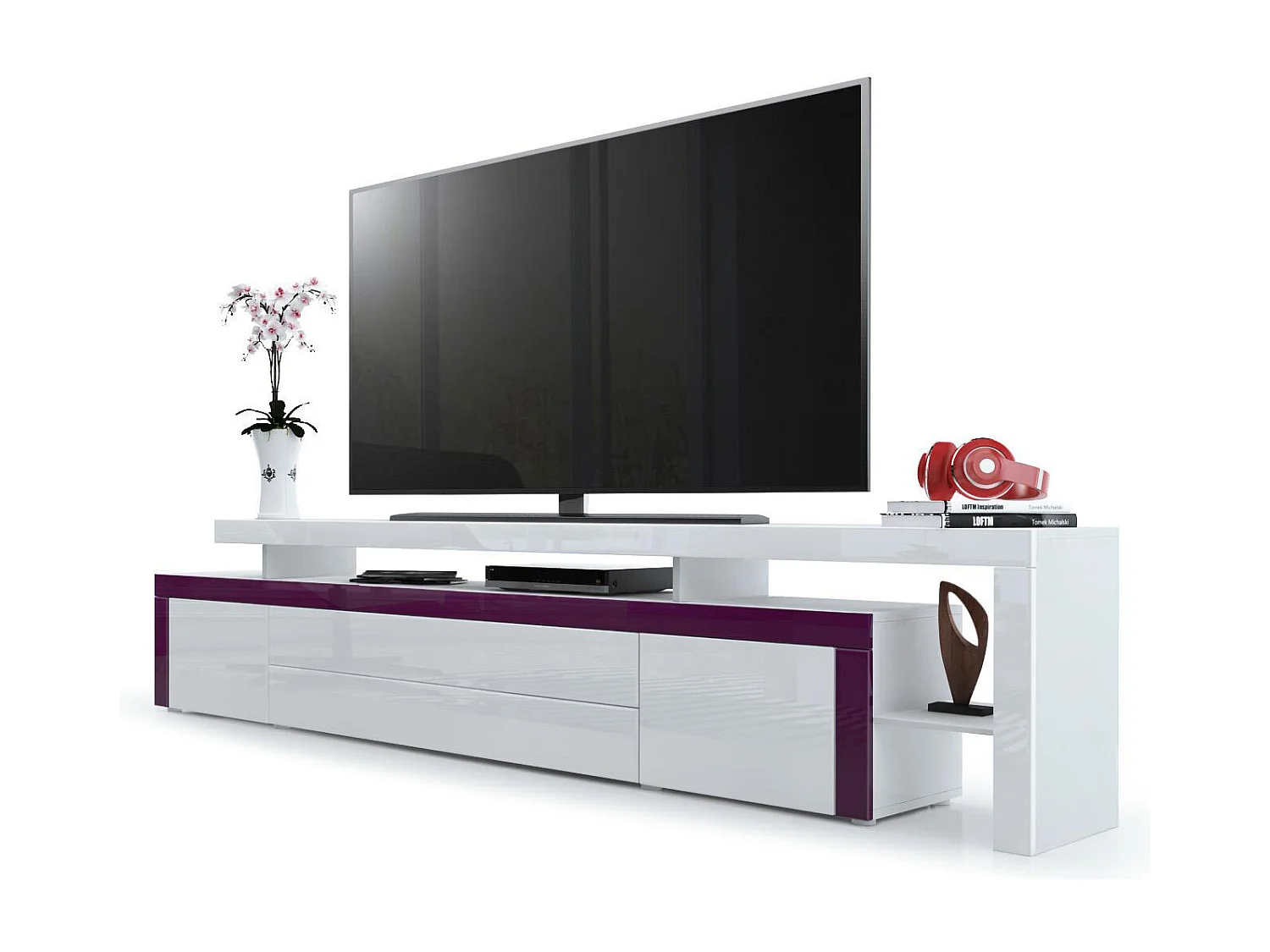 Meuble TV bas Leon, Corps en blanc mat / Façades en blanc haute brillance avec une bodure en mûre haute brillance (227 x 52 x 35 cm)