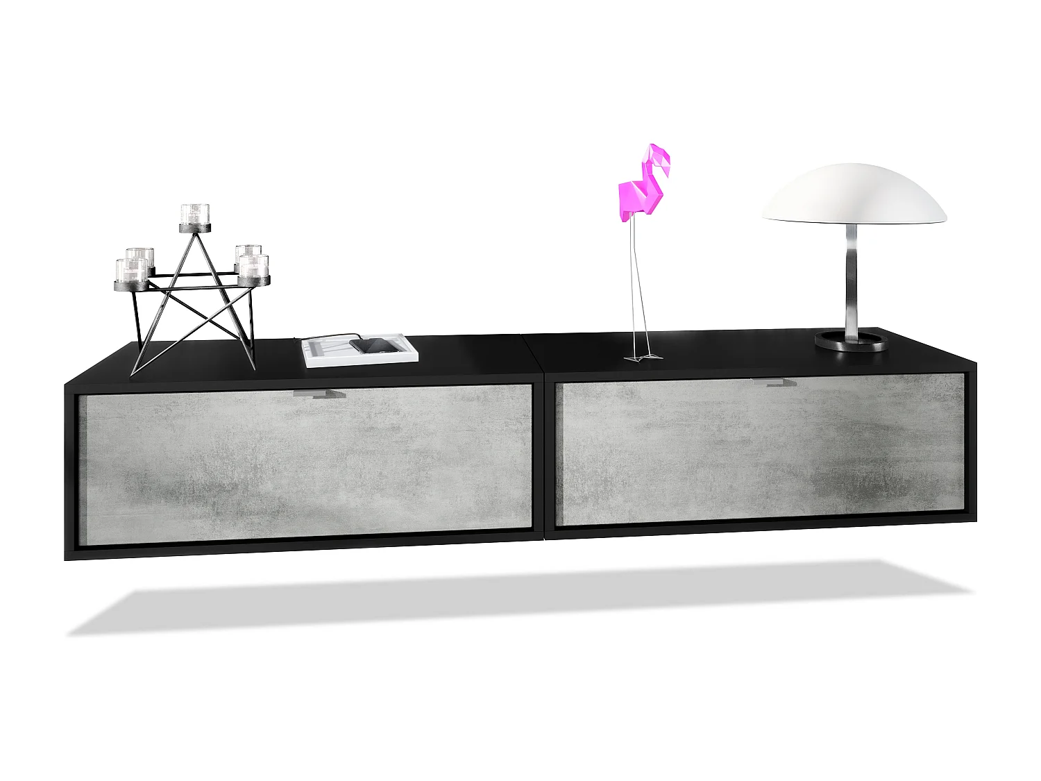 Ensemble de 2 set meuble TV Lana 80, lowboards de 80 x 29 x 37 cm chacun avec beaucoup d'espace de rangement, caisson en Noir mat, façades en Aspect Béton Oxyde