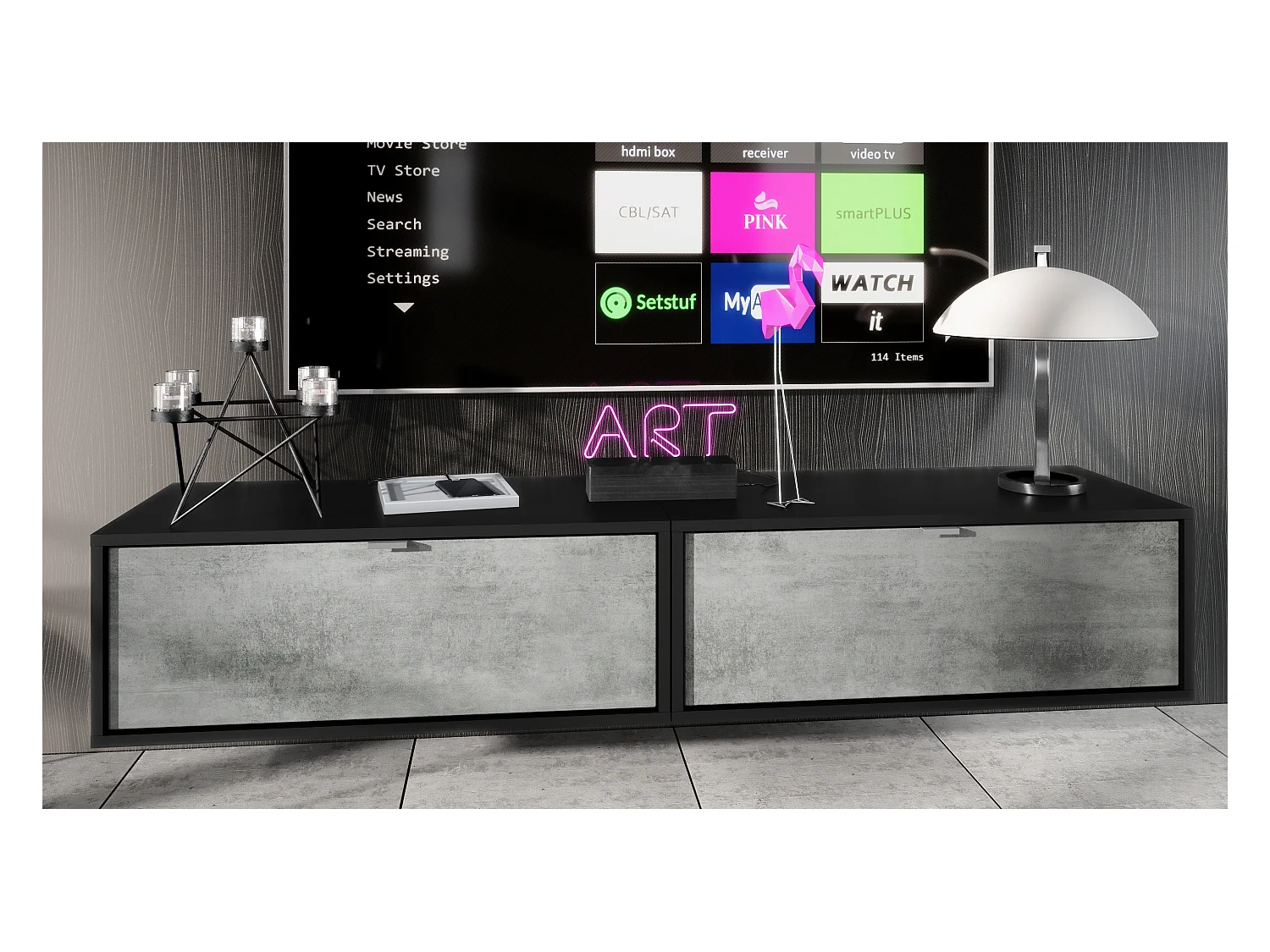 Ensemble de 2 set meuble TV Lana 80, lowboards de 80 x 29 x 37 cm chacun avec beaucoup d'espace de rangement, caisson en Noir mat, façades en Aspect Béton Oxyde