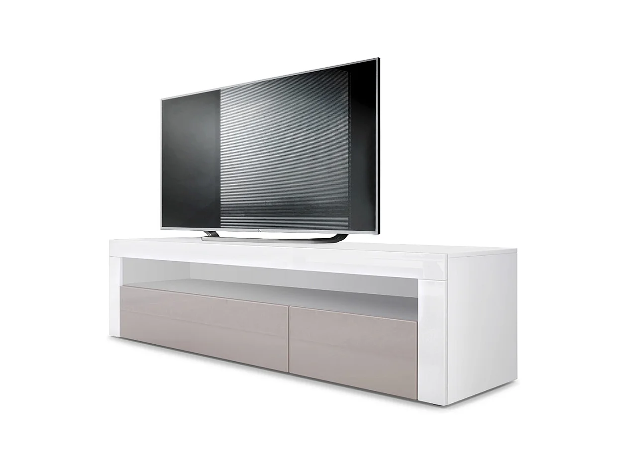 Buffet bas Valencia, Meuble TV avec 1 compartiment ouvert et 2 clapets, Blanc mat/gris sable haute brillance/blanc haute brillance (155 x 46 x 40 cm)