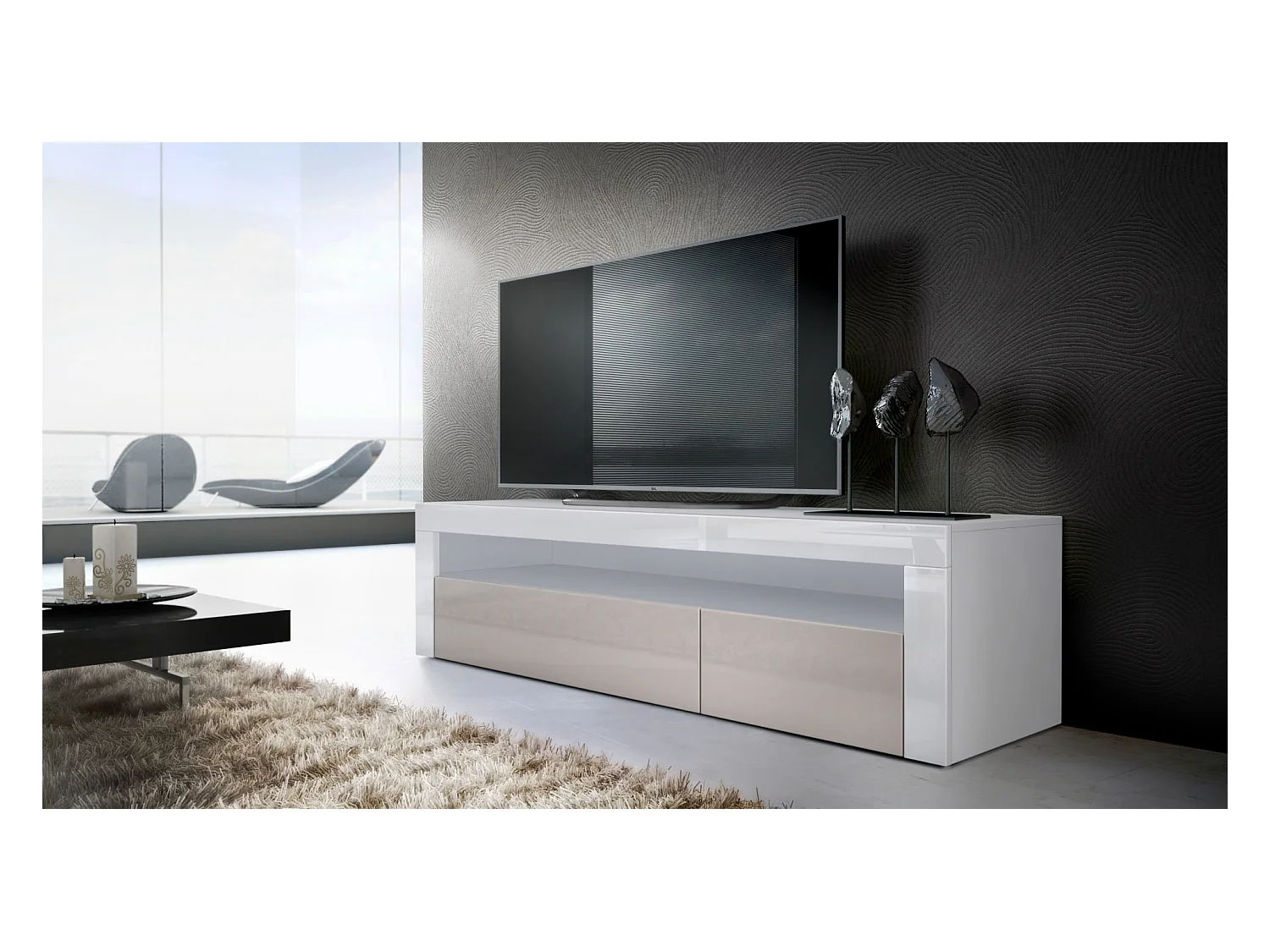 Buffet bas Valencia, Meuble TV avec 1 compartiment ouvert et 2 clapets, Blanc mat/gris sable haute brillance/blanc haute brillance (155 x 46 x 40 cm)