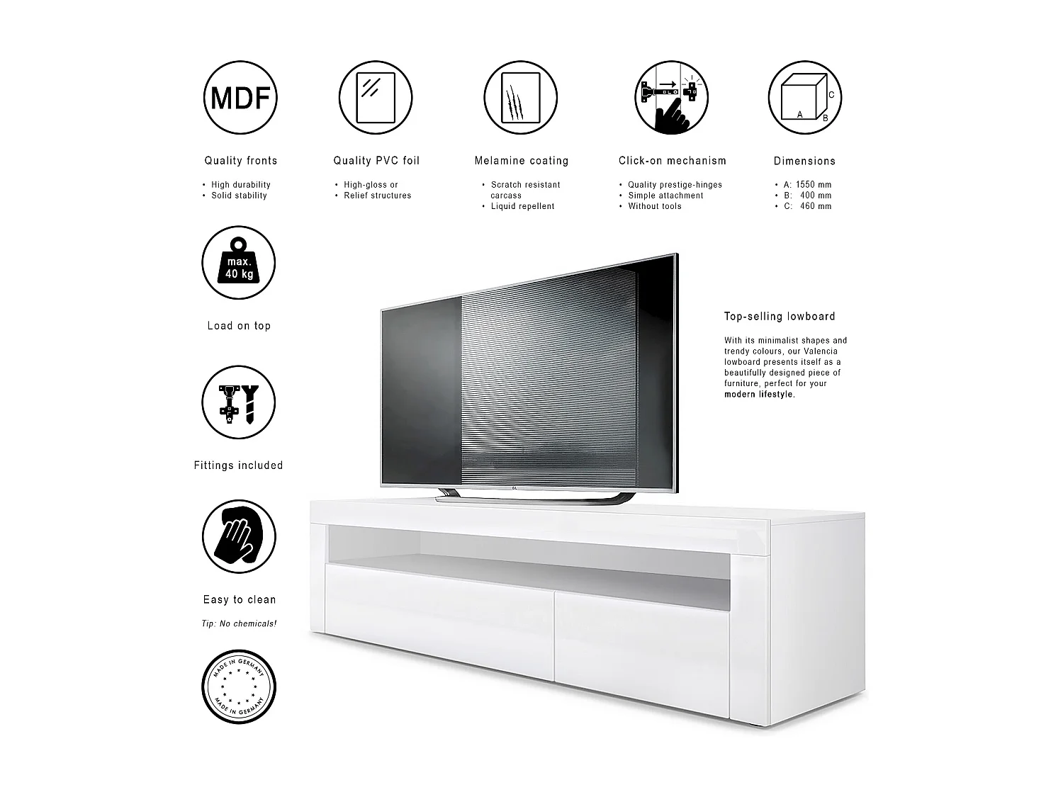 Buffet bas Valencia, Meuble TV avec 1 compartiment ouvert et 2 clapets, Blanc mat/gris sable haute brillance/blanc haute brillance (155 x 46 x 40 cm)