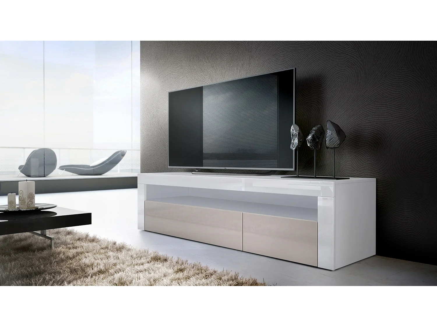 Mobiletto  Valencia, mobile TV con 1 vano a giorno e 2 ante a ribalta, bianco opaco/grigio sabbia lucido/bianco lucido (155 x 46 x 40 cm)