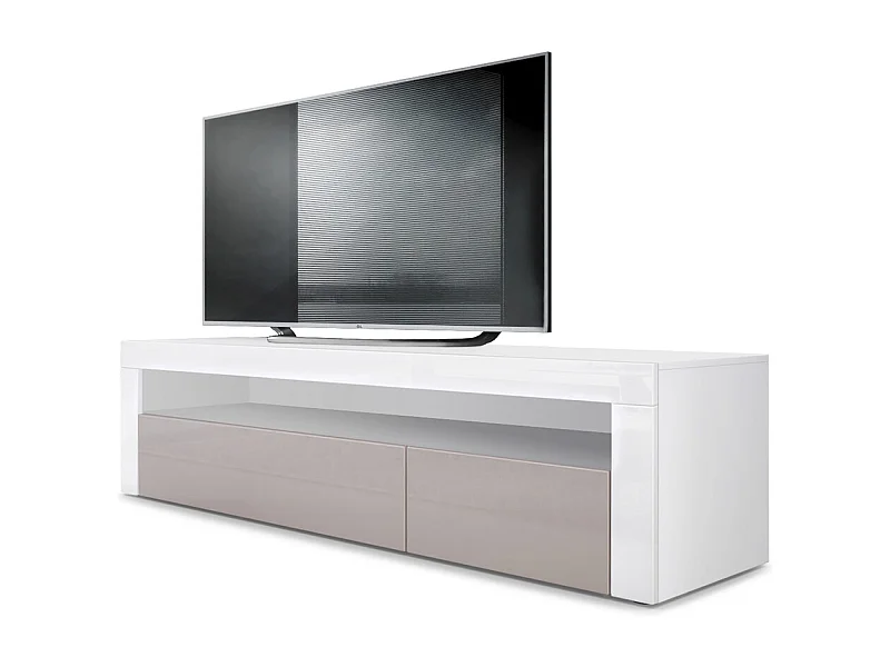 Mobiletto  Valencia, mobile TV con 1 vano a giorno e 2 ante a ribalta, bianco opaco/grigio sabbia lucido/bianco lucido (155 x 46 x 40 cm)