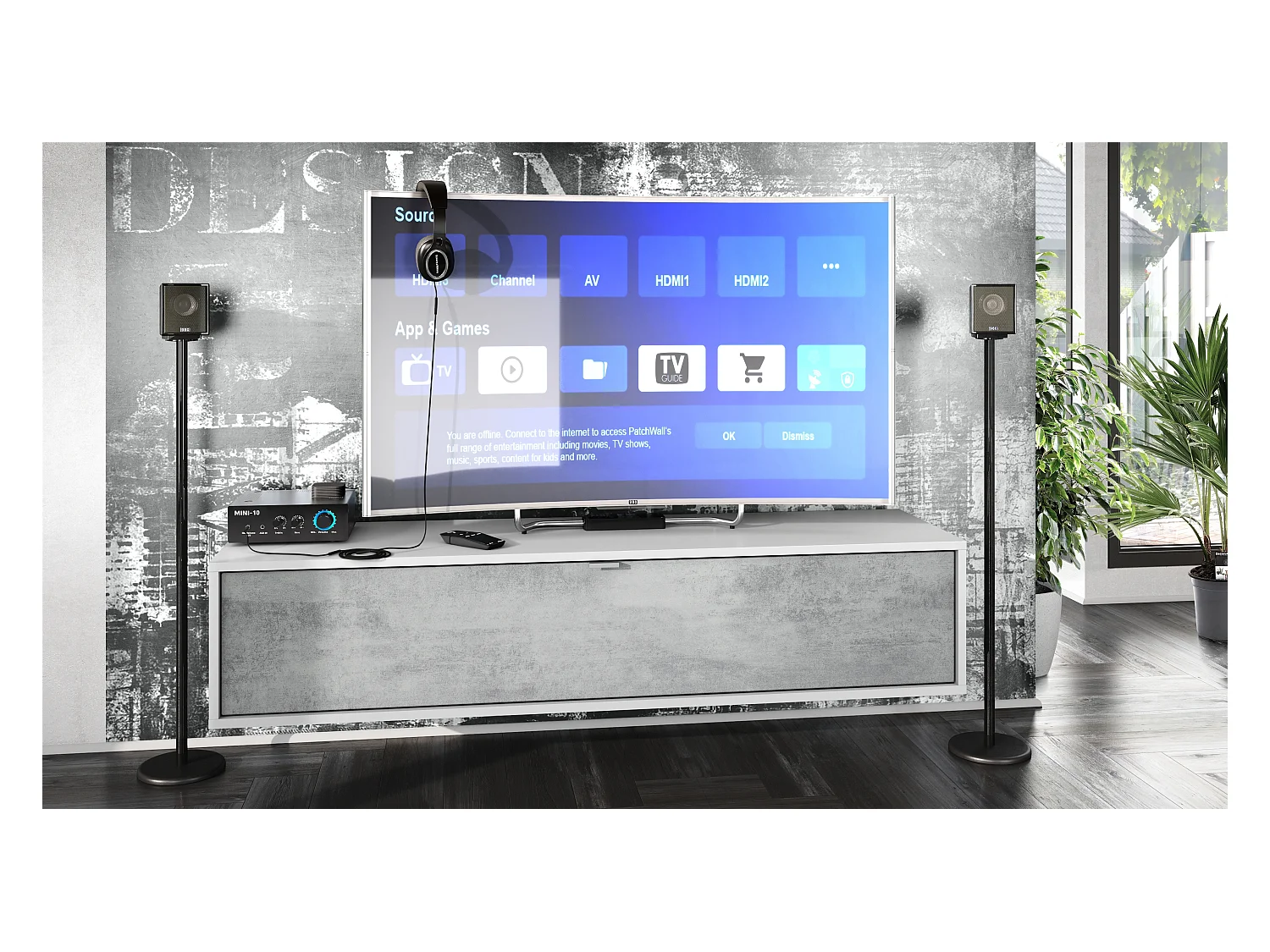 Meuble TV Lana 140 armoire murale lowboard 140 x 29 x 37 cm, caisson en blanc mat, façades en Aspect Béton Oxyde | Grand choix de couleurs