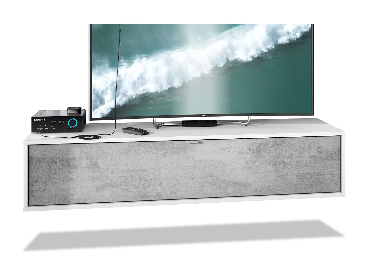 TV Board Lana 140 mobile da parete Porta TV 140 x 29 x 37 cm, struttura in bianco opaco, frontali in grigio ossido di cemento | Ampia scelta di colori