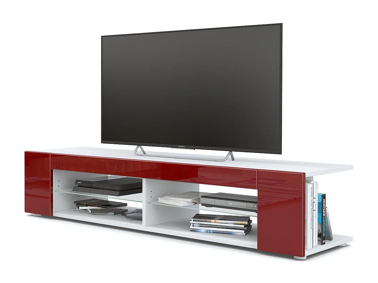 Buffet bas Movie, Meuble TV avec 4 compartiments ouverts et placages décoratifs, Blanc mat/Bordeaux haute brillance (134 x 29 x 39 cm)