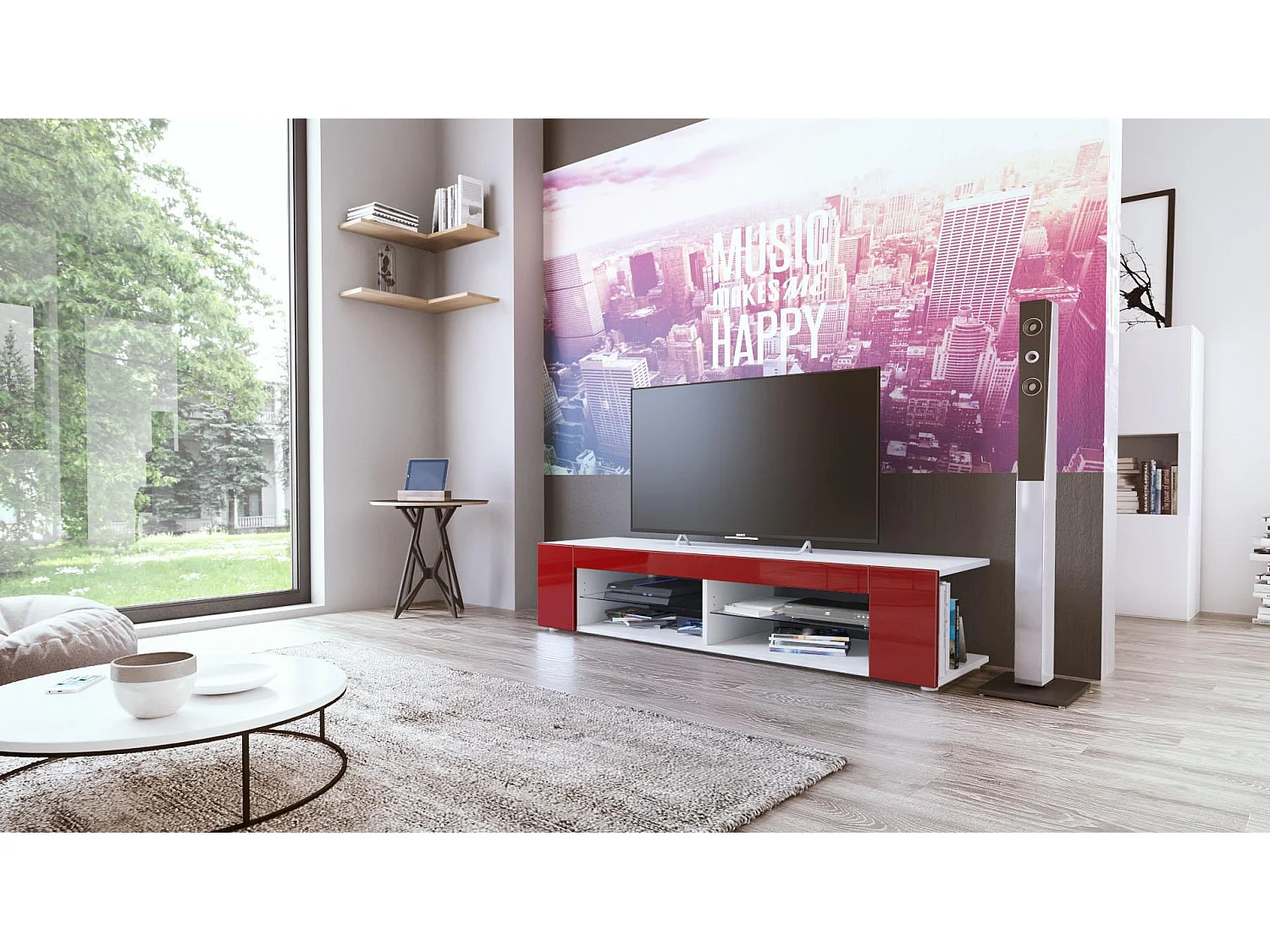 Buffet bas Movie, Meuble TV avec 4 compartiments ouverts et placages décoratifs, Blanc mat/Bordeaux haute brillance (134 x 29 x 39 cm)