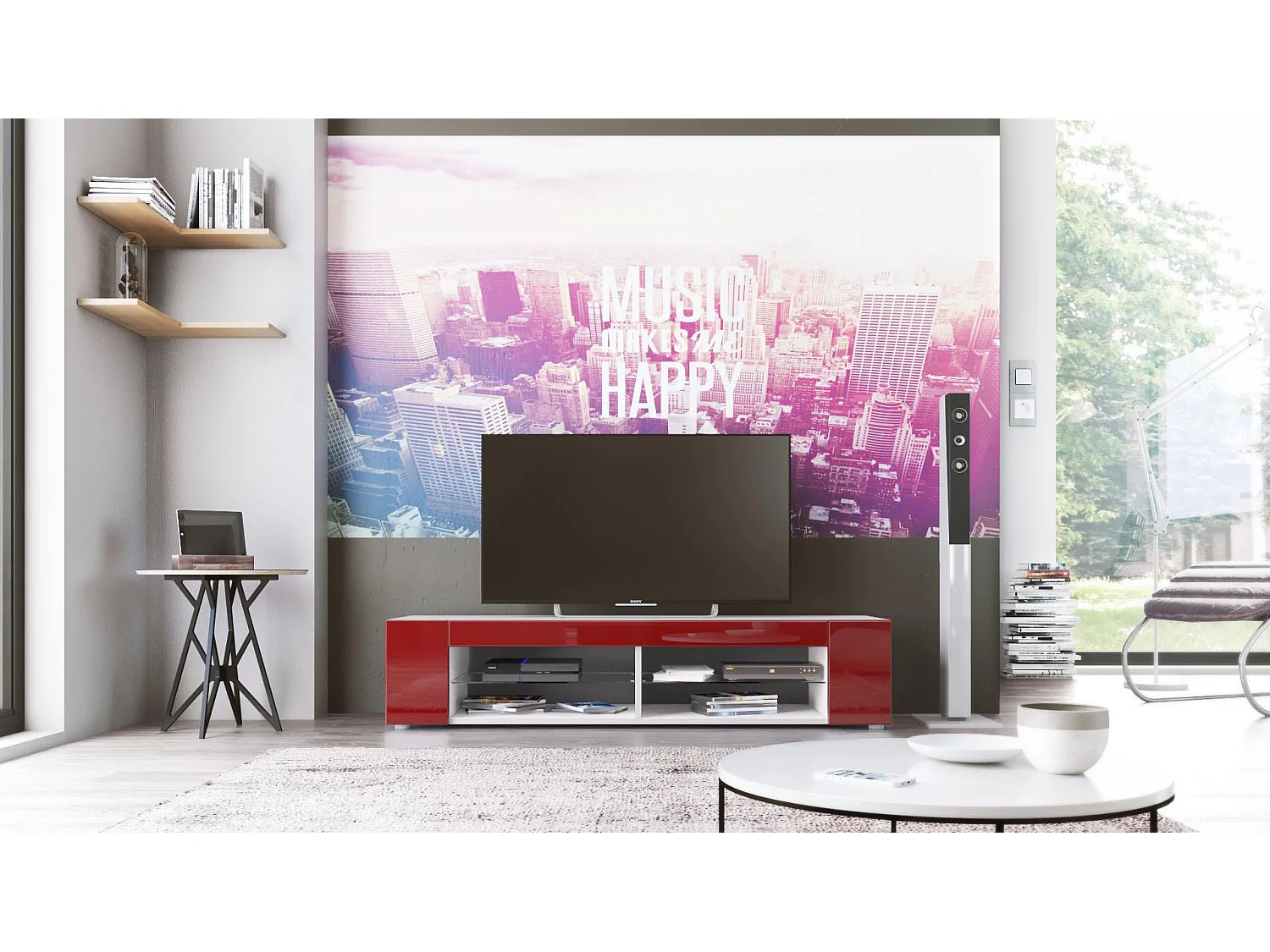 Buffet bas Movie, Meuble TV avec 4 compartiments ouverts et placages décoratifs, Blanc mat/Bordeaux haute brillance (134 x 29 x 39 cm)