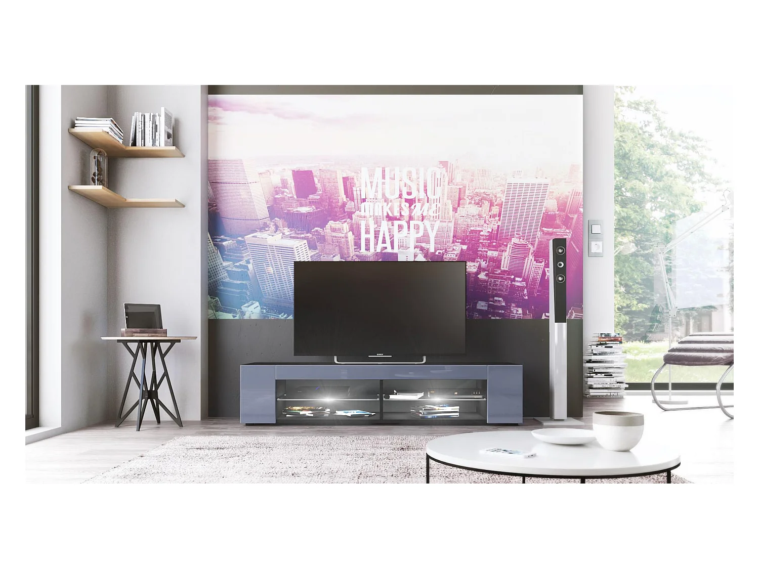 Buffet bas Movie, Meuble TV avec 4 compartiments ouverts et placages décoratifs, Noir mat/Gris haute brillance, éclairage LED blanc inclus (134 x 29 x 39 cm)