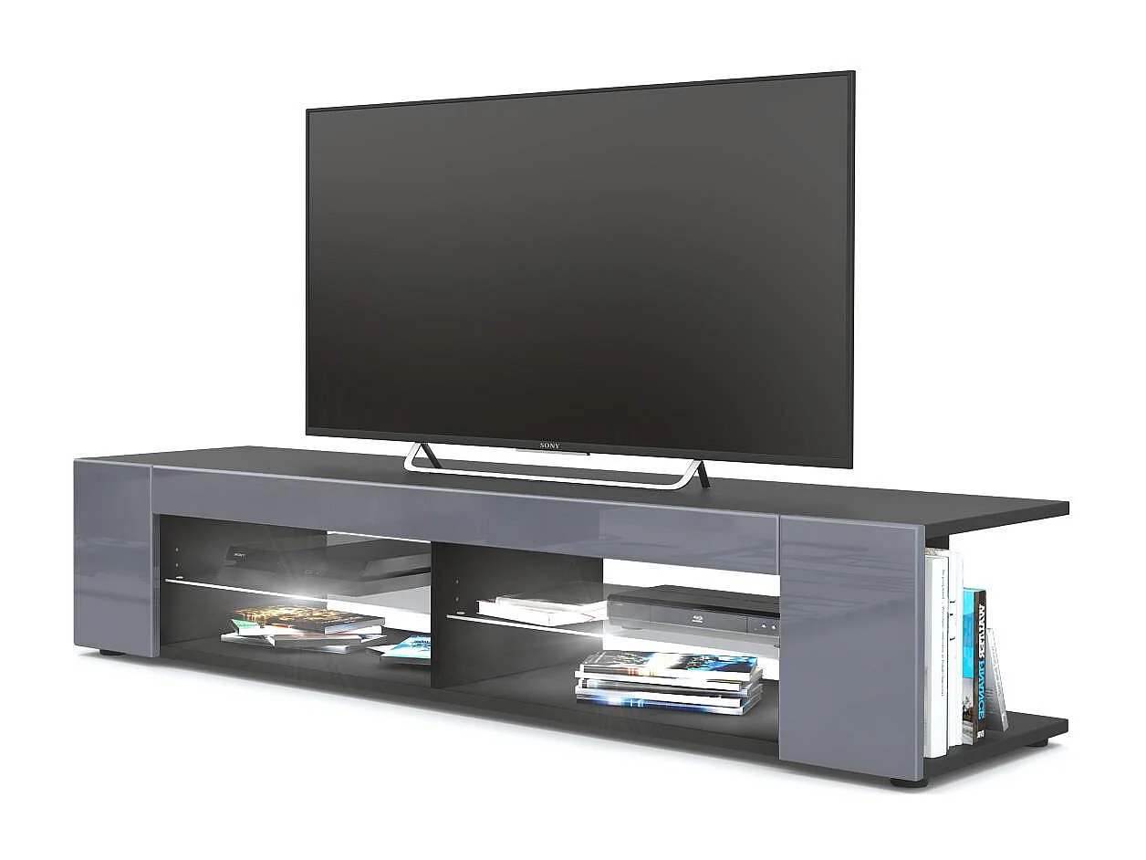 Mobiletto  Movie, mobile TV con 4 scomparti e pannelli aperti, nero opaco/grigio lucido, incl. illuminazione a LED bianca (134 x 29 x 39 cm)