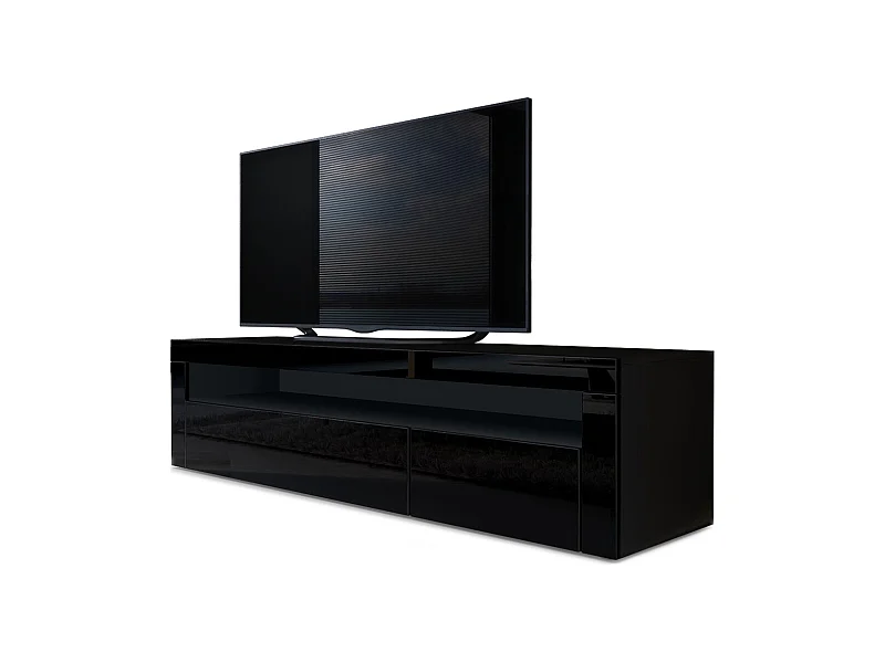 Buffet bas Valencia, Meuble TV avec 1 compartiment ouvert et 2 clapets, Noir mat/noir haute brillance/noir haute brillance (155 x 46 x 40 cm)