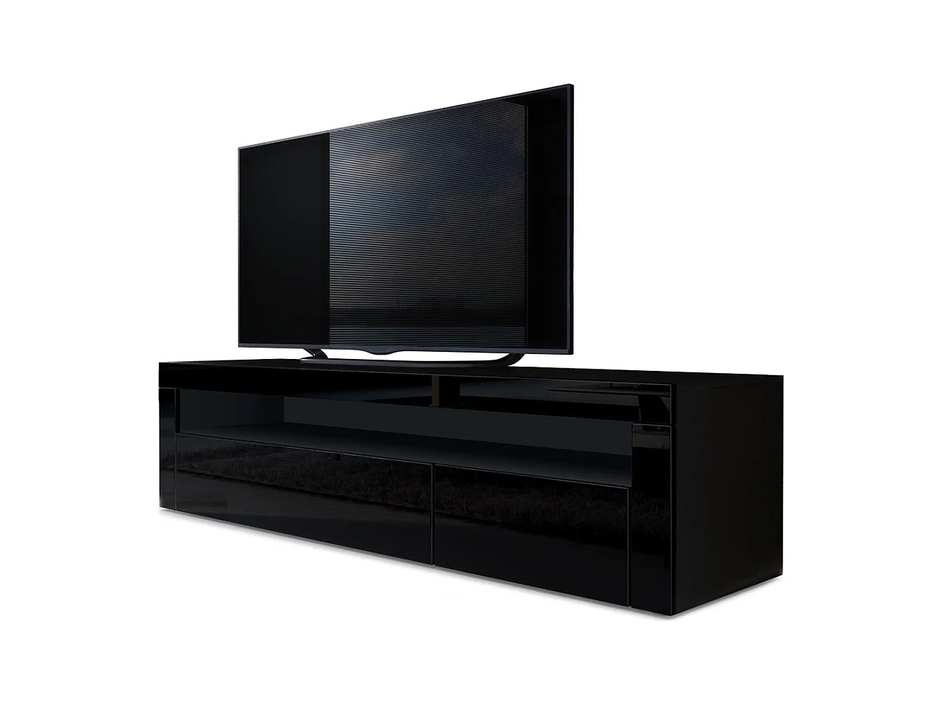 Buffet bas Valencia, Meuble TV avec 1 compartiment ouvert et 2 clapets, Noir mat/noir haute brillance/noir haute brillance (155 x 46 x 40 cm)