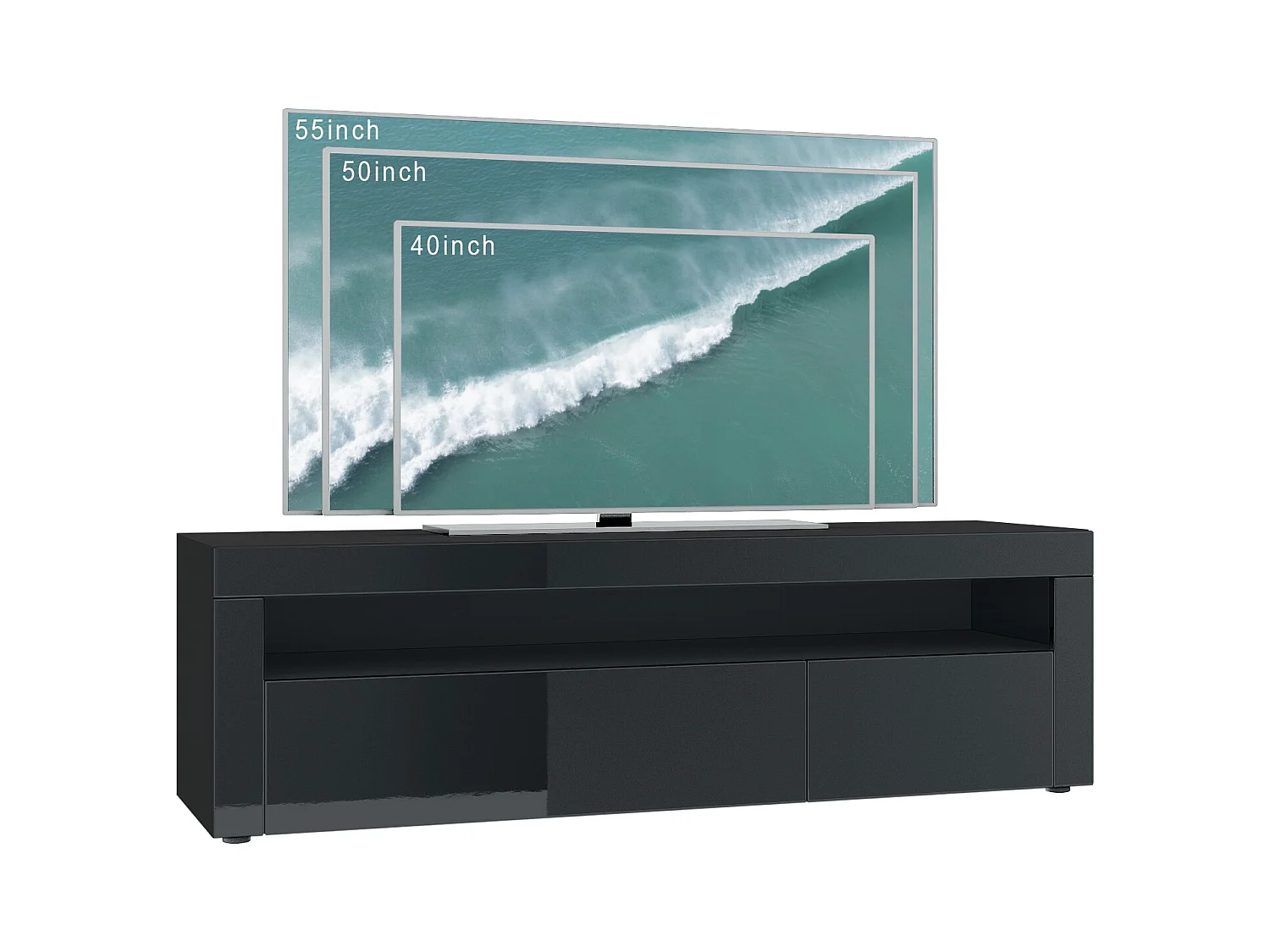 Buffet bas Valencia, Meuble TV avec 1 compartiment ouvert et 2 clapets, Noir mat/noir haute brillance/noir haute brillance (155 x 46 x 40 cm)