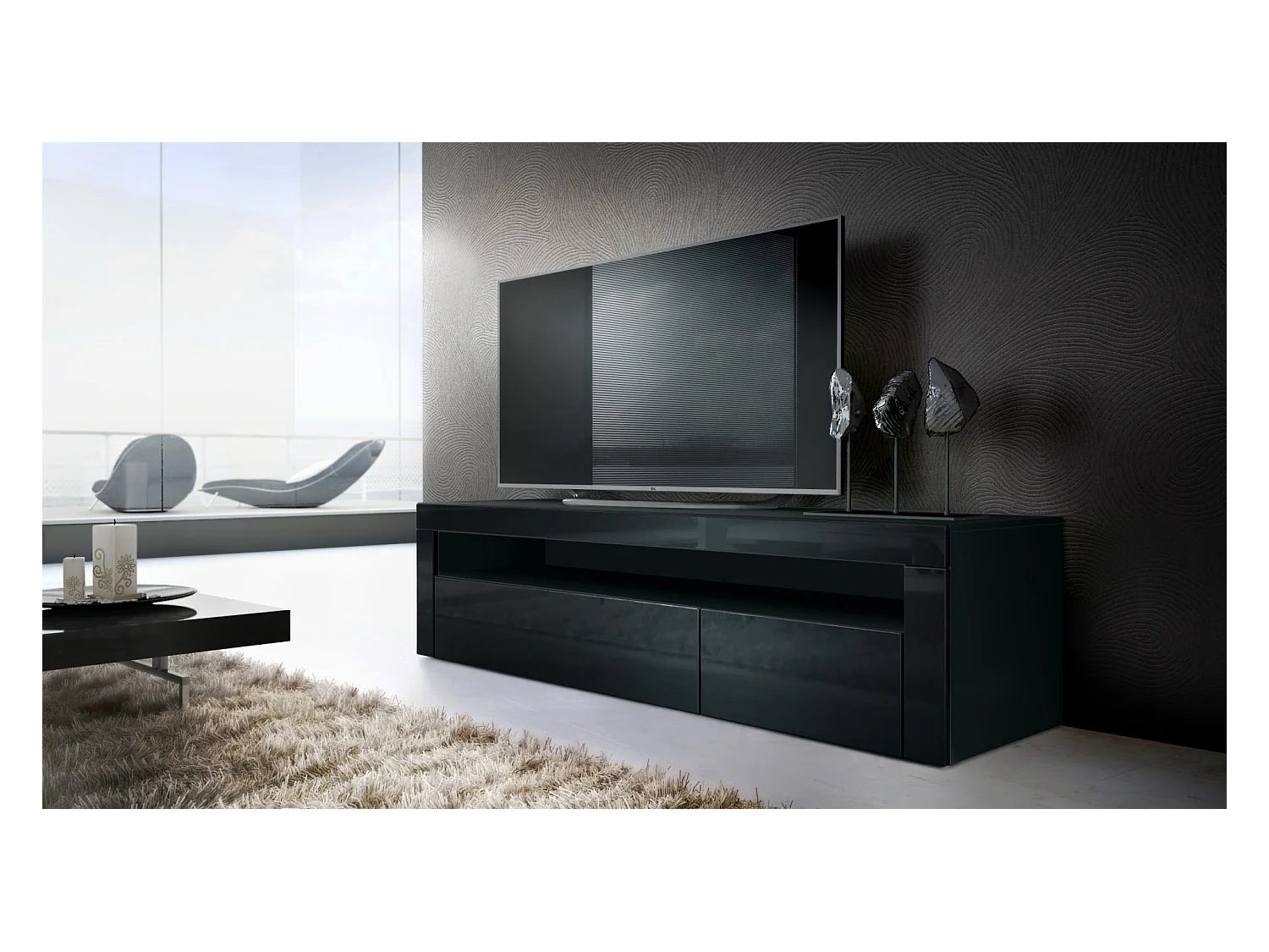 Buffet bas Valencia, Meuble TV avec 1 compartiment ouvert et 2 clapets, Noir mat/noir haute brillance/noir haute brillance (155 x 46 x 40 cm)