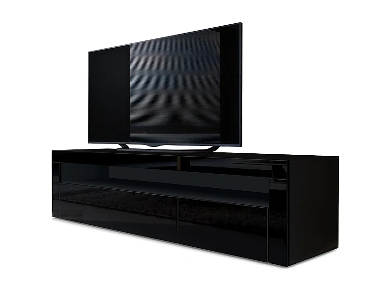 Vladon Mueble TV Valencia, Cómoda TV con 1 Compartimento abierto y 2 Puertas abatibles, Negro mate/negro de alto brillo/negro de alto brillo (155 x 46 x 40 cm)
