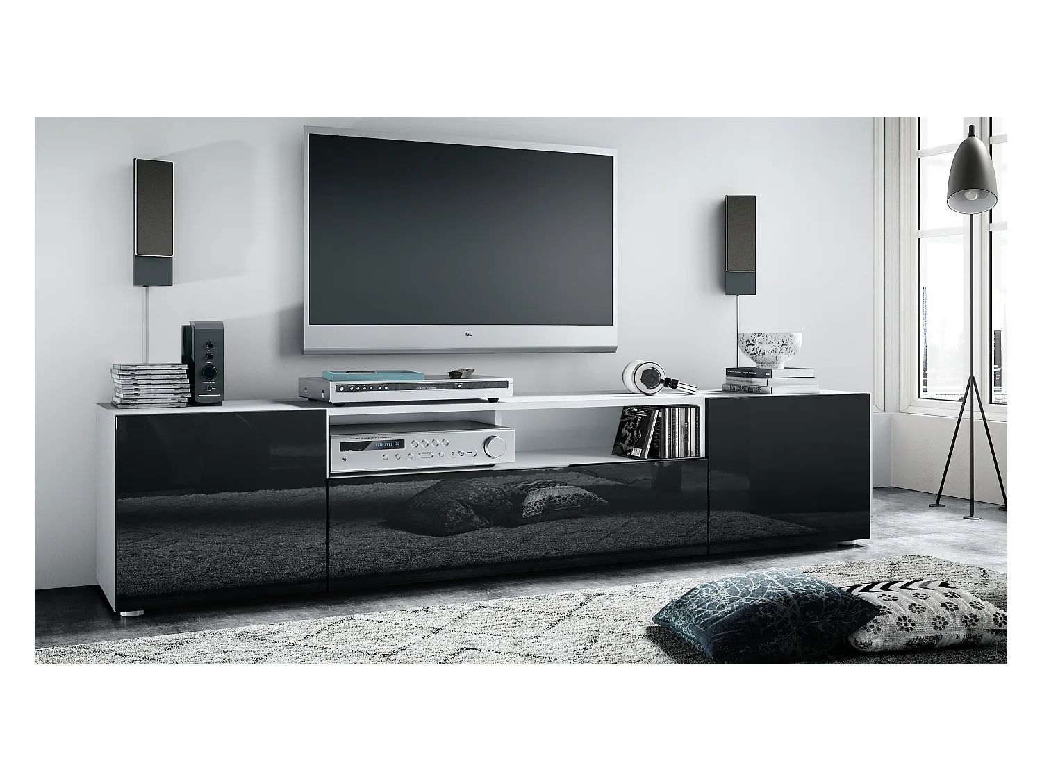 Buffet bas Mogan, Meuble TV avec 2 portes, 1 clapet et 1 compartiment ouvert, Blanc mat/Noir haute brillance (181 x 39 x 35 cm)