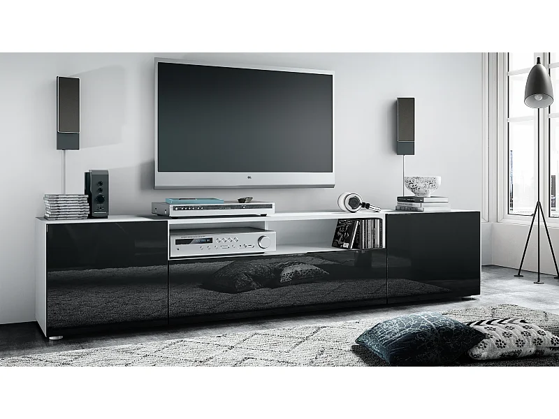 Vladon Mueble TV Mogan, Mueble Televisor con 2 Puertas, 1 Puerta abatible y 1 Compartimento abierto, Blanco mate/Negro de alto brillo (181 x 39 x 35 cm)