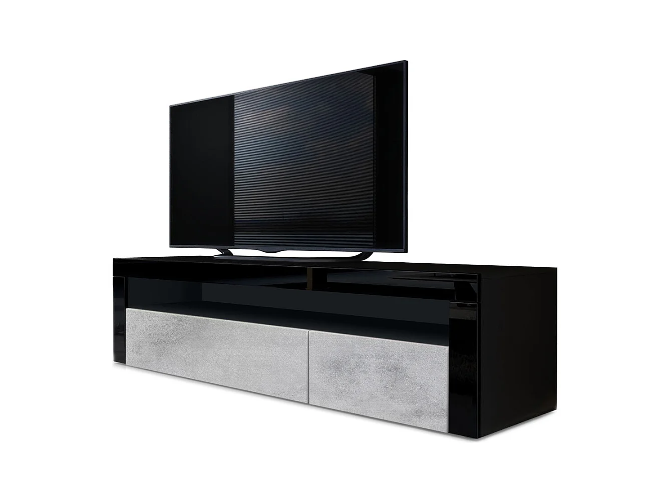 Buffet bas Valencia, Meuble TV avec 1 compartiment ouvert et 2 clapets, Noir mat/aspect béton oxyde/noir haute brillance (155 x 46 x 40 cm)