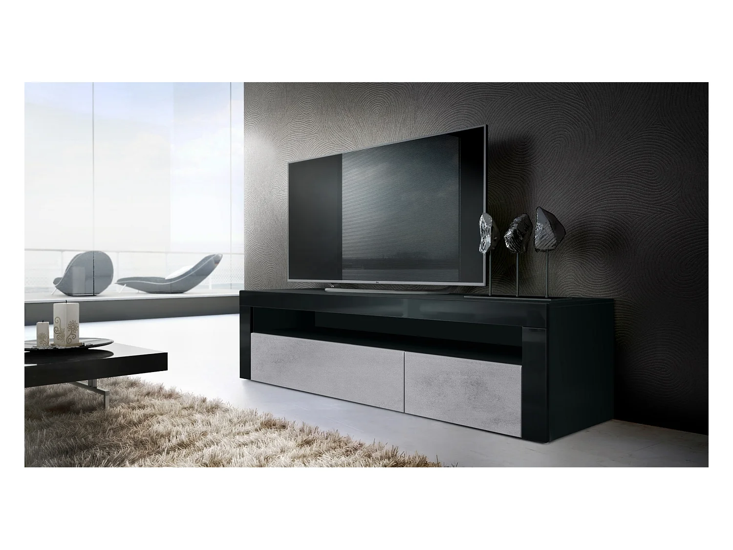 Buffet bas Valencia, Meuble TV avec 1 compartiment ouvert et 2 clapets, Noir mat/aspect béton oxyde/noir haute brillance (155 x 46 x 40 cm)