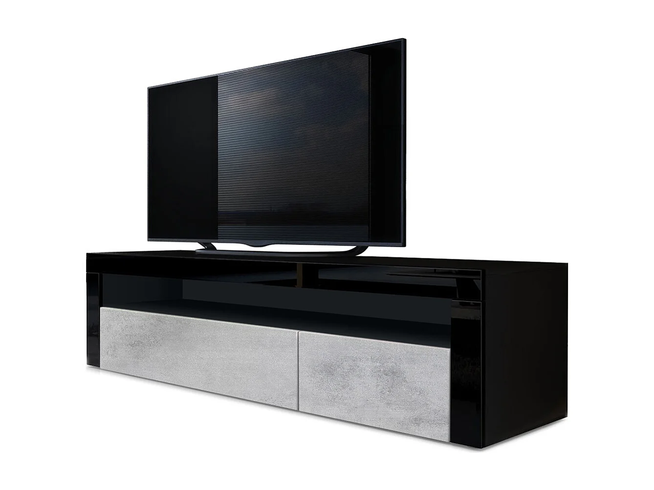 Buffet bas Valencia, Meuble TV avec 1 compartiment ouvert et 2 clapets, Noir mat/aspect béton oxyde/noir haute brillance (155 x 46 x 40 cm)