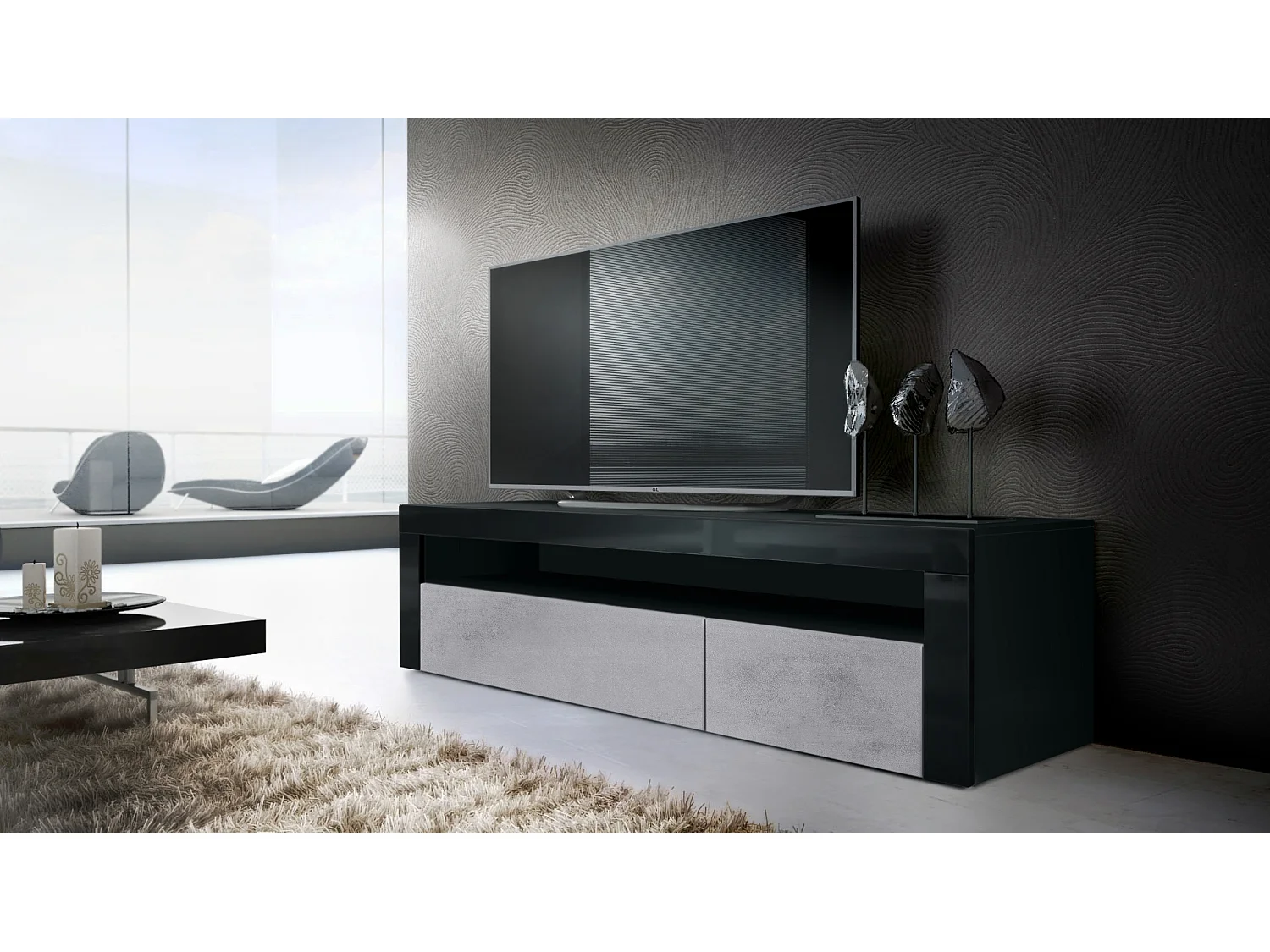 Buffet bas Valencia, Meuble TV avec 1 compartiment ouvert et 2 clapets, Noir mat/aspect béton oxyde/noir haute brillance (155 x 46 x 40 cm)