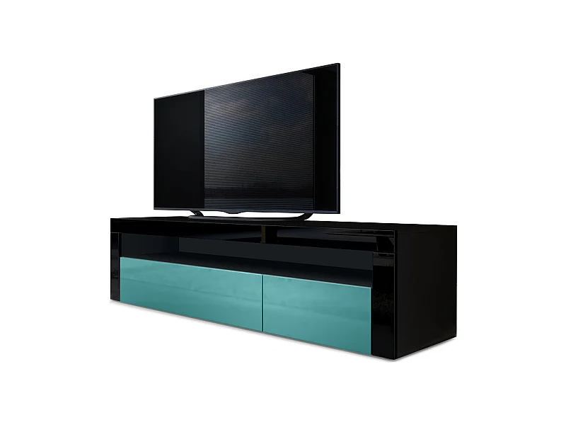 Vladon Mueble TV Valencia, Cómoda TV con 1 Compartimento abierto y 2 Puertas abatibles, Negro mate/petróleo de alto brillo/negro de alto brillo (155 x 46 x 40 cm)
