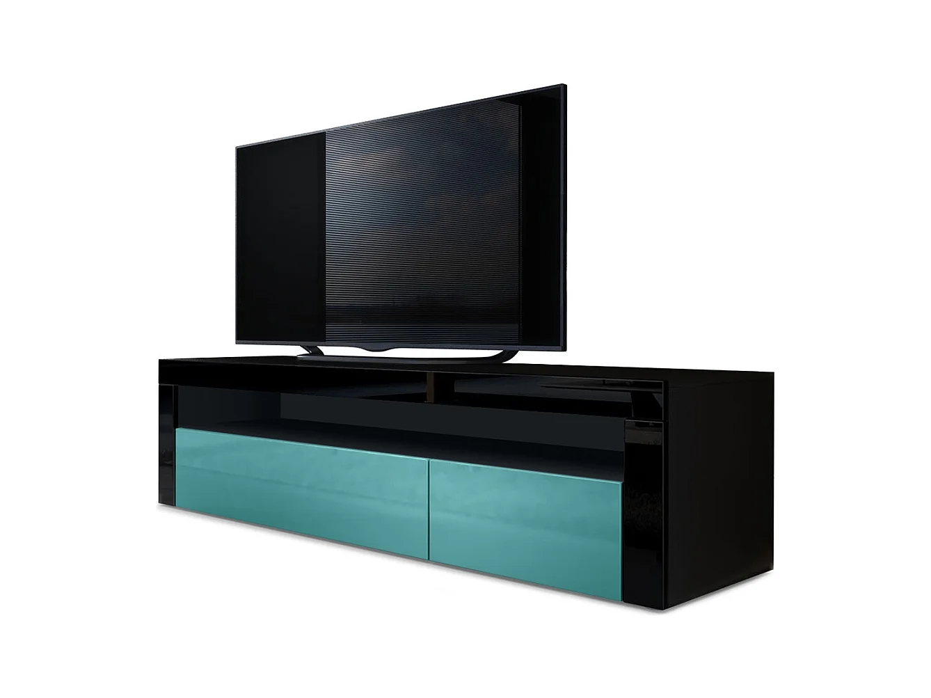 Buffet bas Valencia, Meuble TV avec 1 compartiment ouvert et 2 clapets, Noir mat/turquoise haute brillance/noir haute brillance (155 x 46 x 40 cm)