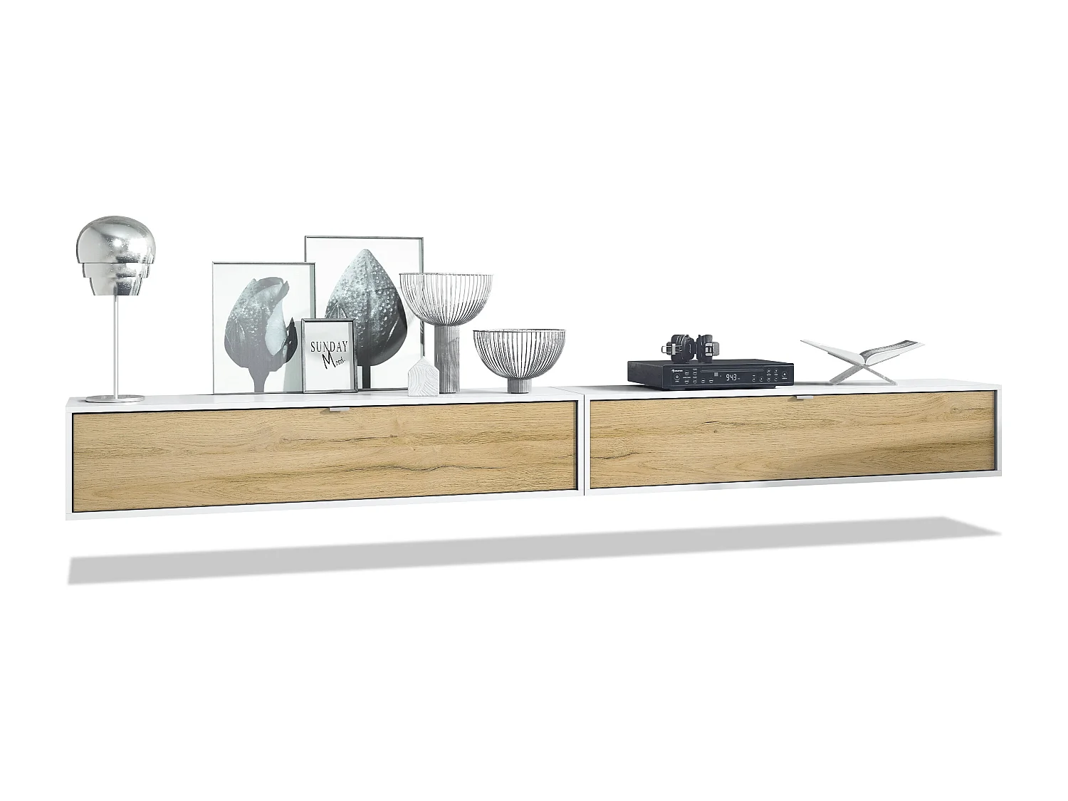 Ensemble de 2 set meuble TV Lana 140, lowboards de 140x29x37 cm chacun avec beaucoup d'espace de rangement, caisson en Blanc mat, façades en Chêne Nature