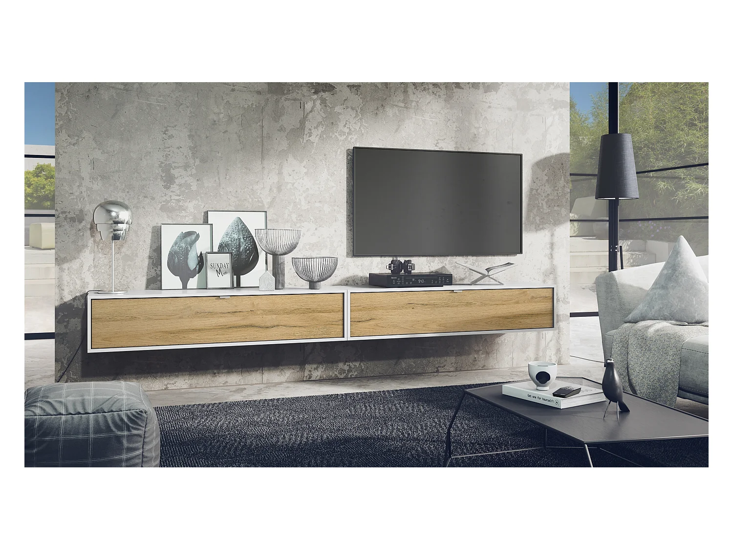 Ensemble de 2 set meuble TV Lana 140, lowboards de 140x29x37 cm chacun avec beaucoup d'espace de rangement, caisson en Blanc mat, façades en Chêne Nature