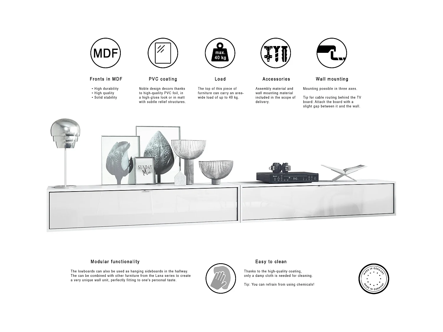 Ensemble de 2 set meuble TV Lana 140, lowboards de 140x29x37 cm chacun avec beaucoup d'espace de rangement, caisson en Blanc mat, façades en Chêne Nature