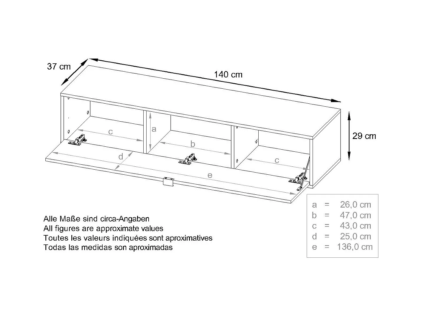 Ensemble de 2 set meuble TV Lana 140, lowboards de 140x29x37 cm chacun avec beaucoup d'espace de rangement, caisson en Blanc mat, façades en Chêne Nature