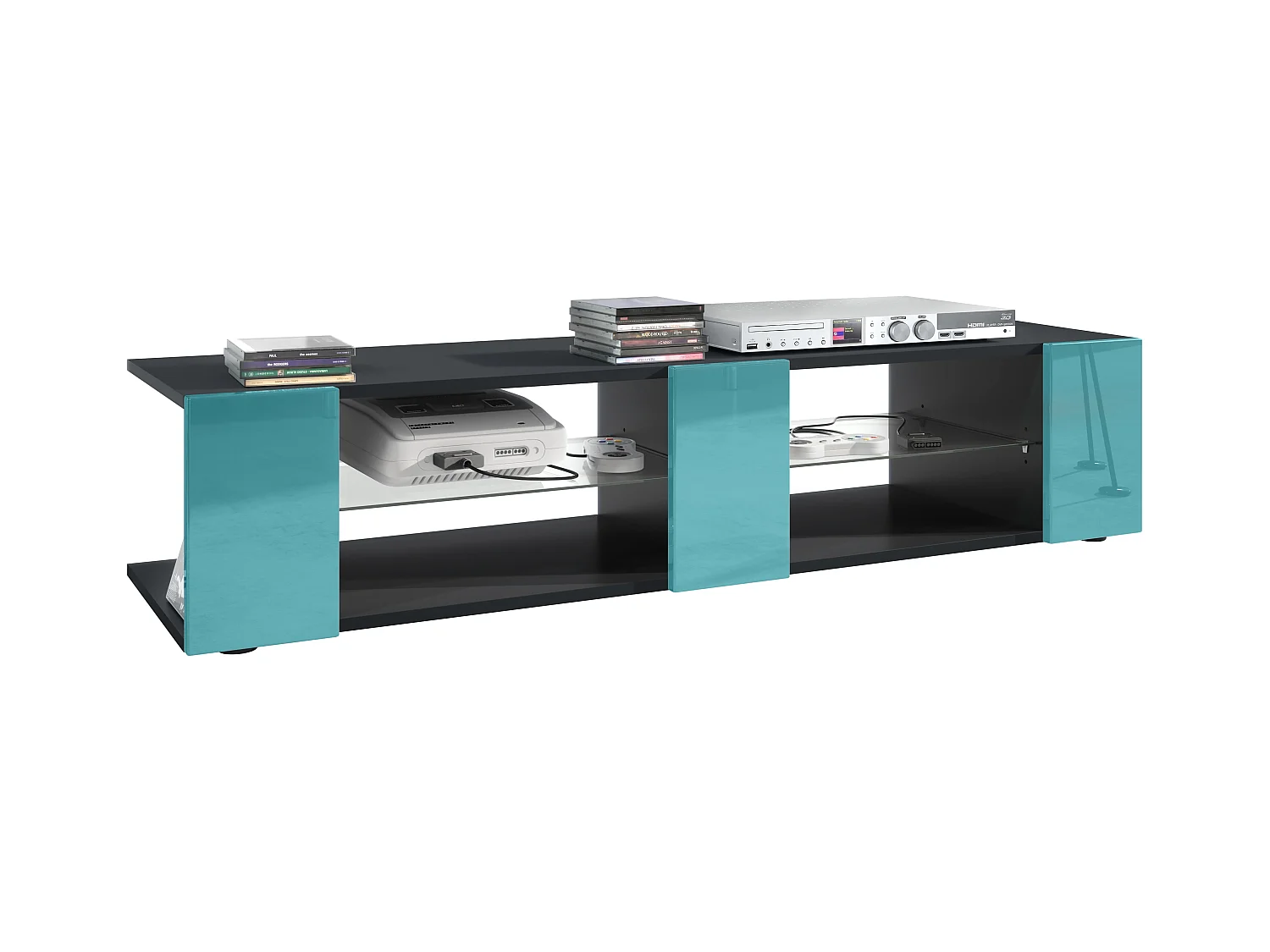 Buffet bas Movie V2, Meuble TV avec 6 compartiments ouverts et placages décoratifs, Noir mat/Turquoise haute brillance (134 x 29 x 39 cm)