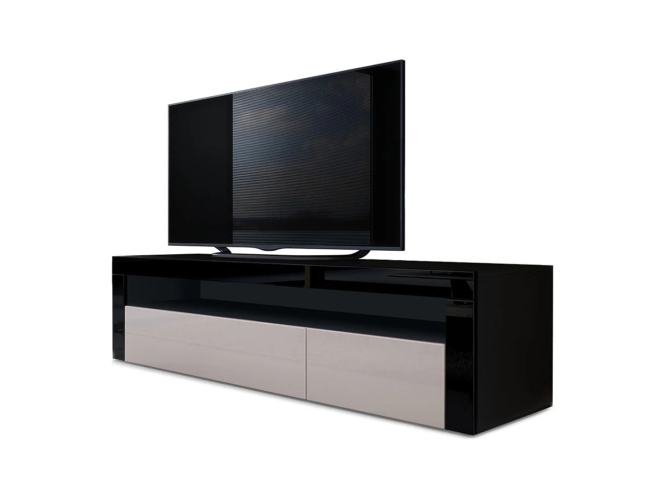 Buffet bas Valencia, Meuble TV avec 1 compartiment ouvert et 2 clapets, Noir mat/gris sable haute brillance/noir haute brillance (155 x 46 x 40 cm)
