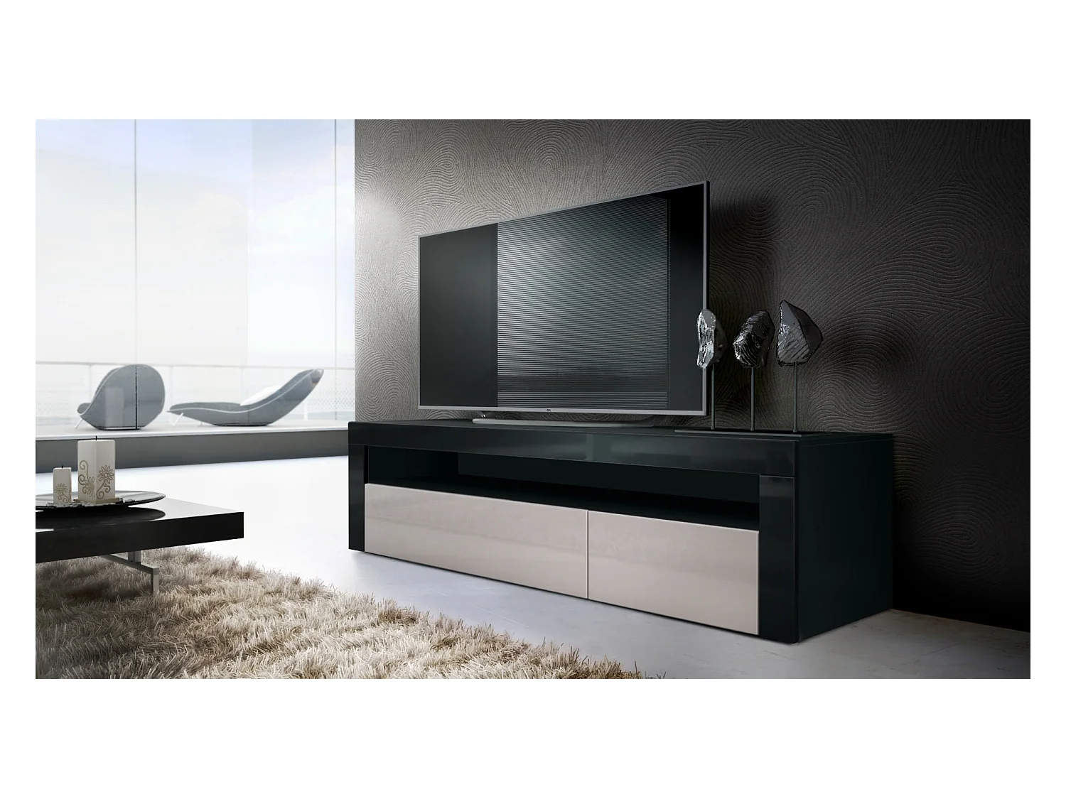 Buffet bas Valencia, Meuble TV avec 1 compartiment ouvert et 2 clapets, Noir mat/gris sable haute brillance/noir haute brillance (155 x 46 x 40 cm)