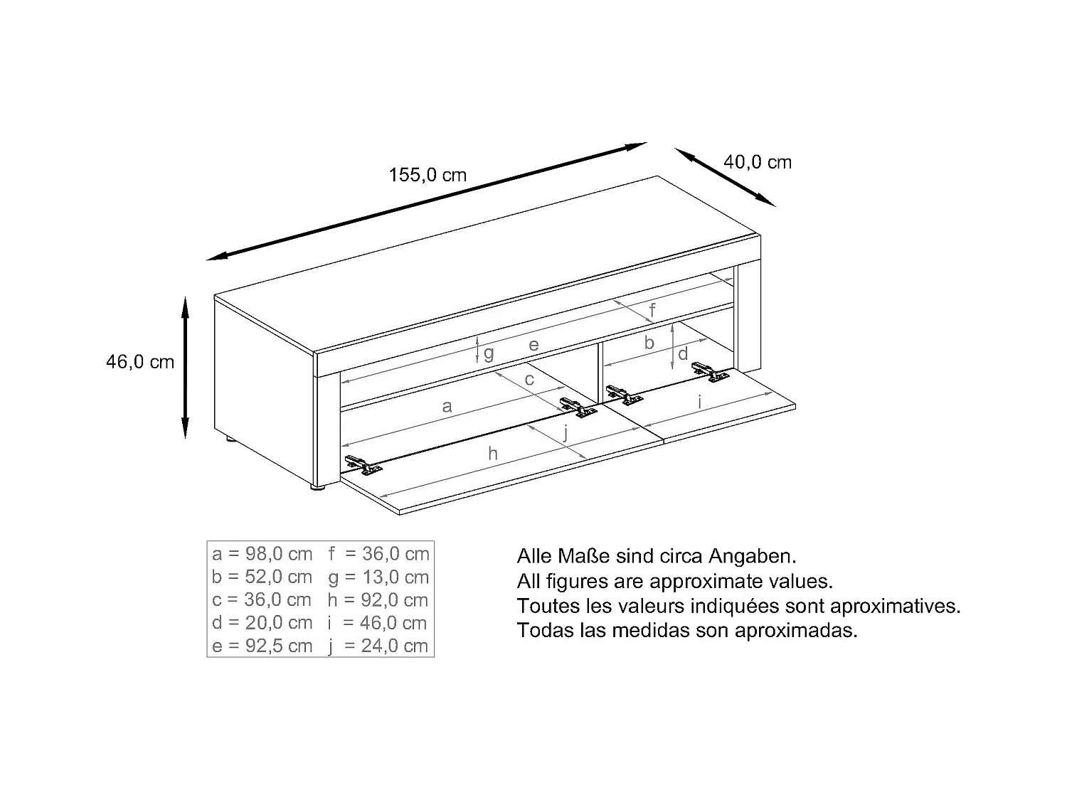 Buffet bas Valencia, Meuble TV avec 1 compartiment ouvert et 2 clapets, Noir mat/gris sable haute brillance/noir haute brillance (155 x 46 x 40 cm)