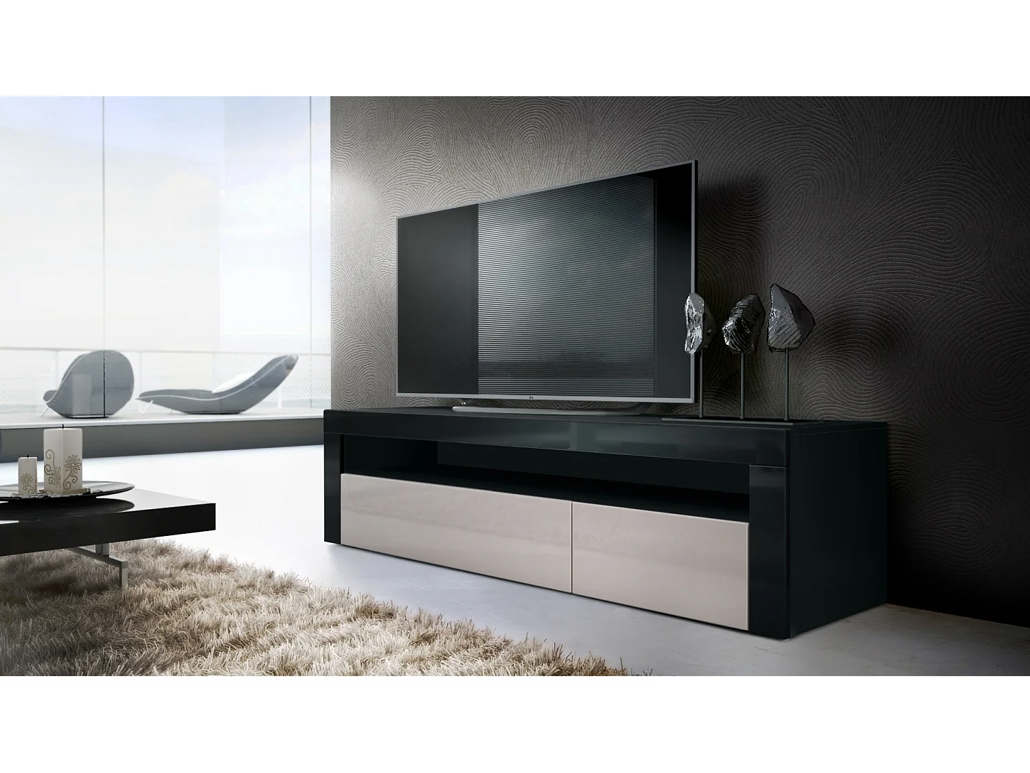 Vladon Mueble TV Valencia, Cómoda TV con 1 Compartimento abierto y 2 Puertas abatibles, Negro mate/gris arena de alto brillo/negro de alto brillo (155 x 46 x 40 cm)