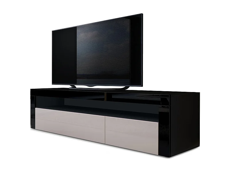 Buffet bas Valencia, Meuble TV avec 1 compartiment ouvert et 2 clapets, Noir mat/gris sable haute brillance/noir haute brillance (155 x 46 x 40 cm)