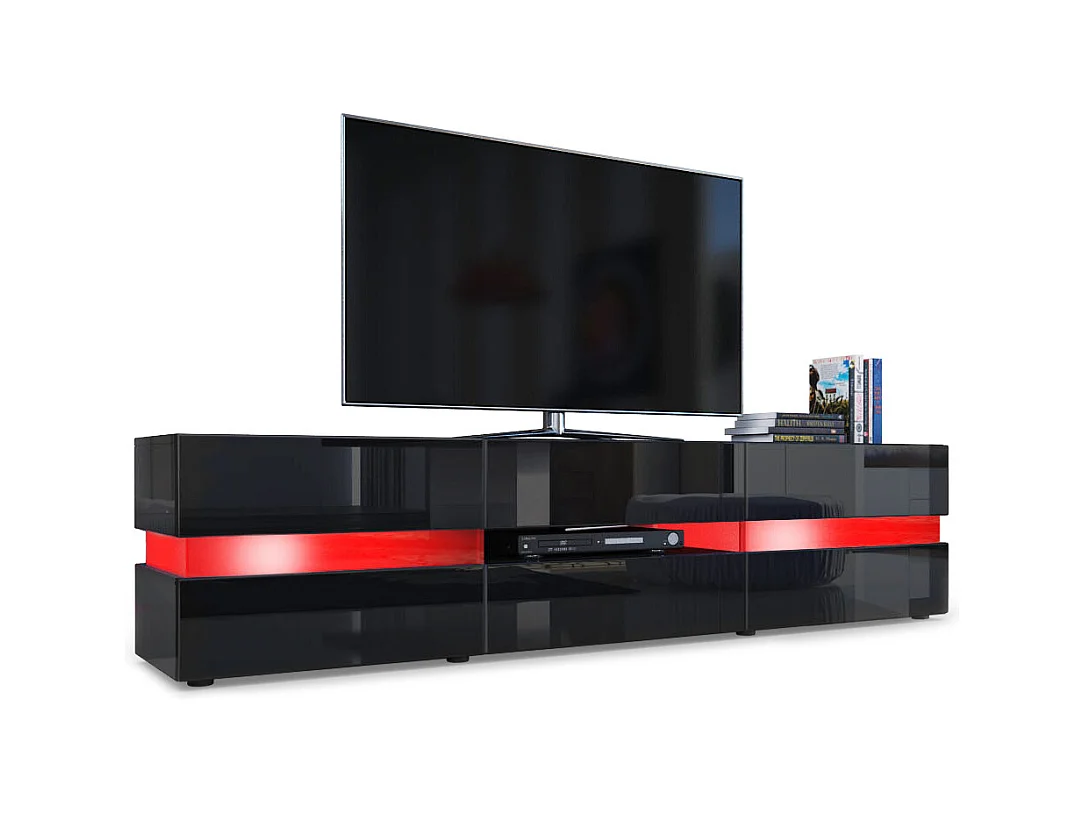 Buffet bas Flow, Meuble TV avec vitre d’ambiance rétroéclairée, 2 portes, 1 tiroir et 1 clapet, Noir brillant, LED inclus (177 x 45 x 39 cm)
