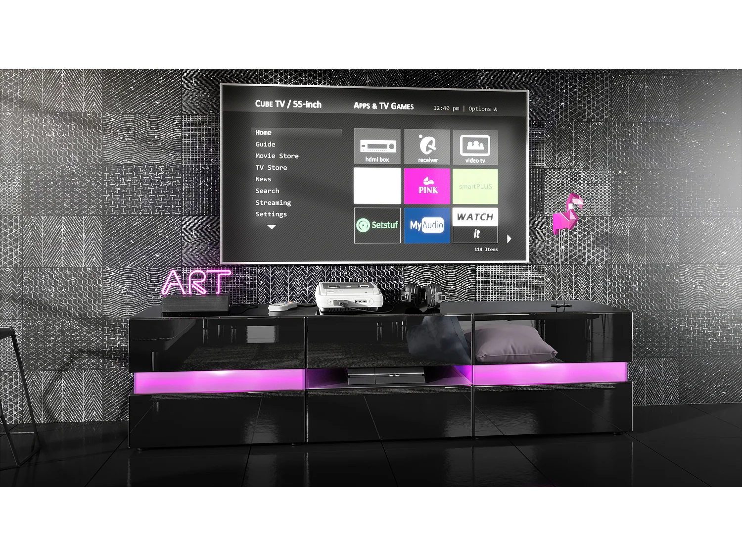 Buffet bas Flow, Meuble TV avec vitre d’ambiance rétroéclairée, 2 portes, 1 tiroir et 1 clapet, Noir brillant, LED inclus (177 x 45 x 39 cm)