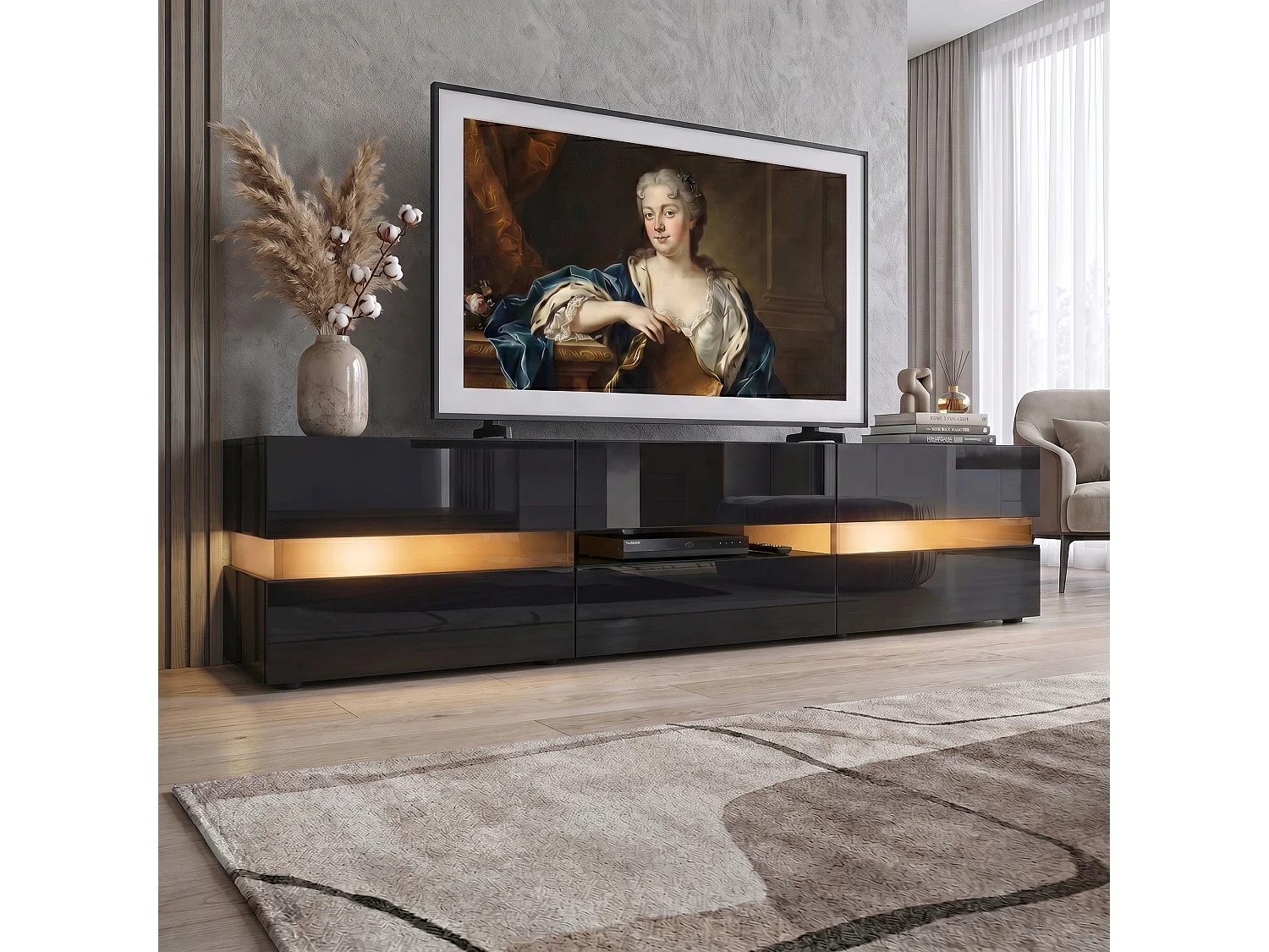 Buffet bas Flow, Meuble TV avec vitre d’ambiance rétroéclairée, 2 portes, 1 tiroir et 1 clapet, Noir brillant, LED inclus (177 x 45 x 39 cm)