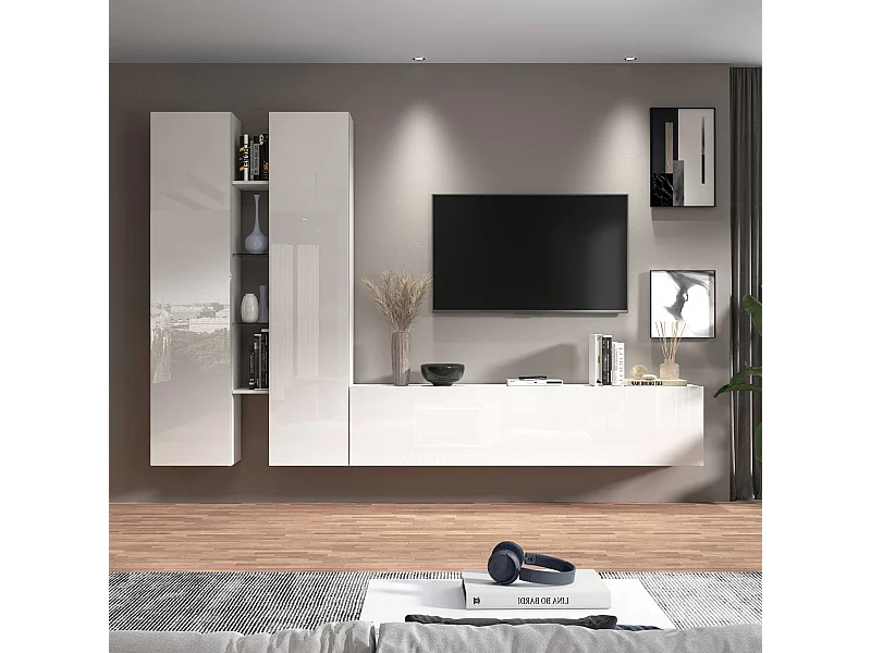 Parete attrezzata Maruska set soggiorno bianco lucido 260x30x180 cm